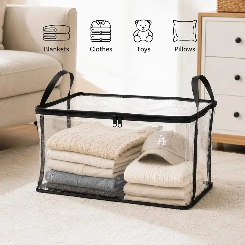 Large Transparent Plastic Storage Box with Zipper Flip Lid, Durable High-Capacity Dust-Proof Container, Ideal for Camping, Attic, Moving, Clothes, Books