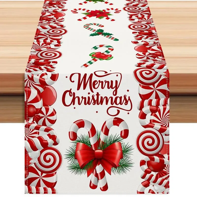 Christmas Table Runner Candy Letter Print, Festive Design, Polyester Fiber, Easy Care, 13x72in, Generous Size, Festive Party Table Decor, Gathering, Table Decorations, Holiday Atmosphere Decoration