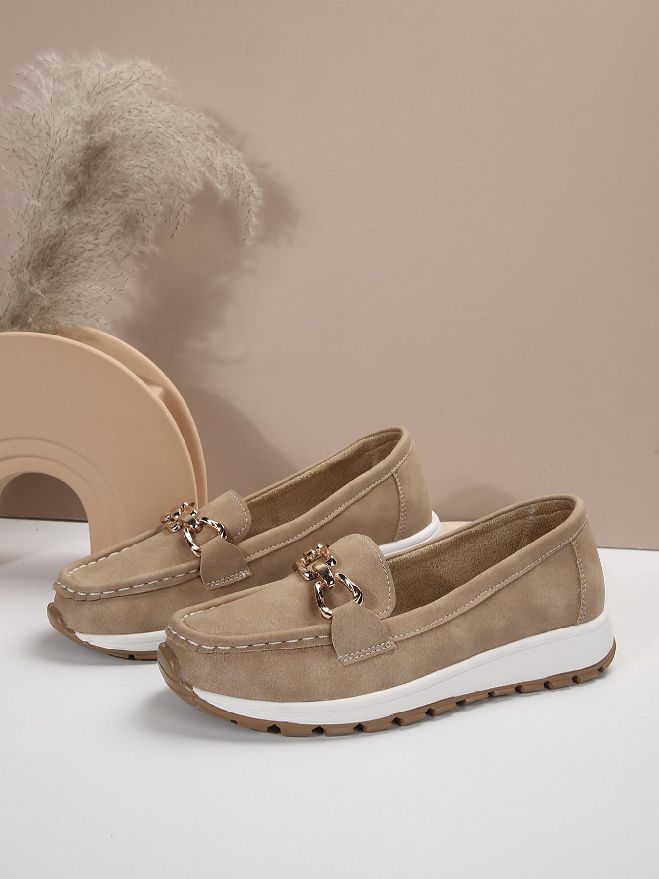 Women's Casual Sporty Slip-On Low-Top Shoes, Lightweight Comfortable Fashion Round-Toe PU Leather Shoes with Chain Decoration, Slip On Style