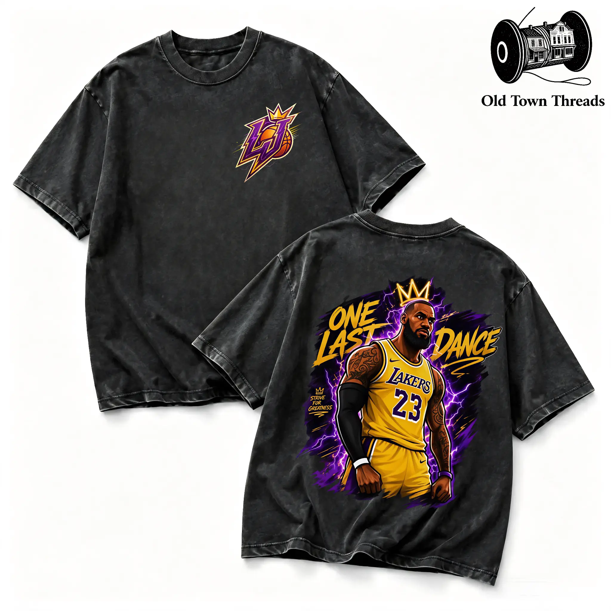 100% Cotton Vintage Washed T-Shirt Double-Sided Print, Front LJ Crown Basketball Pocket Logo Graphic, Back LeBron James "One Last Dance" Lightning Lakers Art Graphic, LA Basketball Fan Game Day Tee # 76ers # TrustTheProcess # PhillyBasketball
