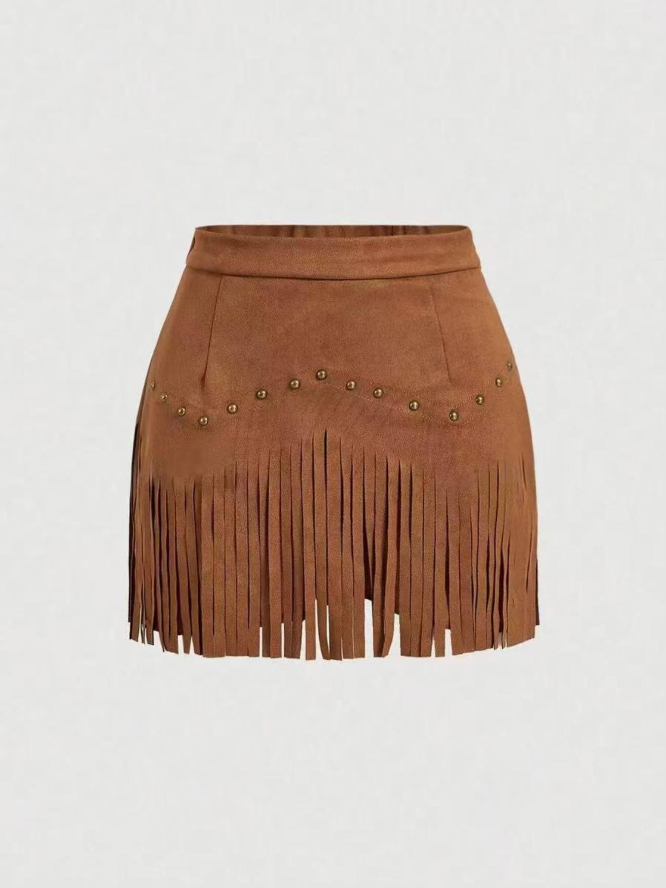 Women's Fringe Trim Short Skirt, Elegant Solid Color Zipper Skirt for Daily Wear, Ladies Bottoms for All Seasons