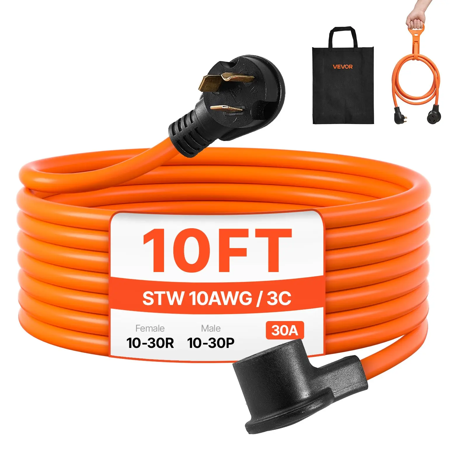 【DealsForYouDays】VEVOR 10 ft Dryer Extension Cord, 3-Prong NEMA 10-30P to 10-30R Dryer Cord, 125V/250V STW 10AWG/3C, 30A, Pure Copper Wire Cable with Black Non-woven Bag and PVC Cable Tie, Ideal for Indoor Outdoor
