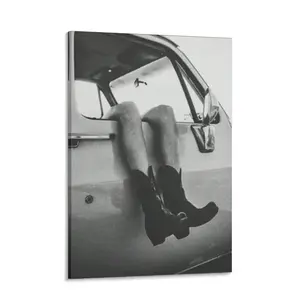 Vintage Western Cowboy Boots Canvas Wall Art Black and White Retro Americana Truck Print Gallery Wrapped Framed Road Trip Poster for Living Room Bedroom Decor