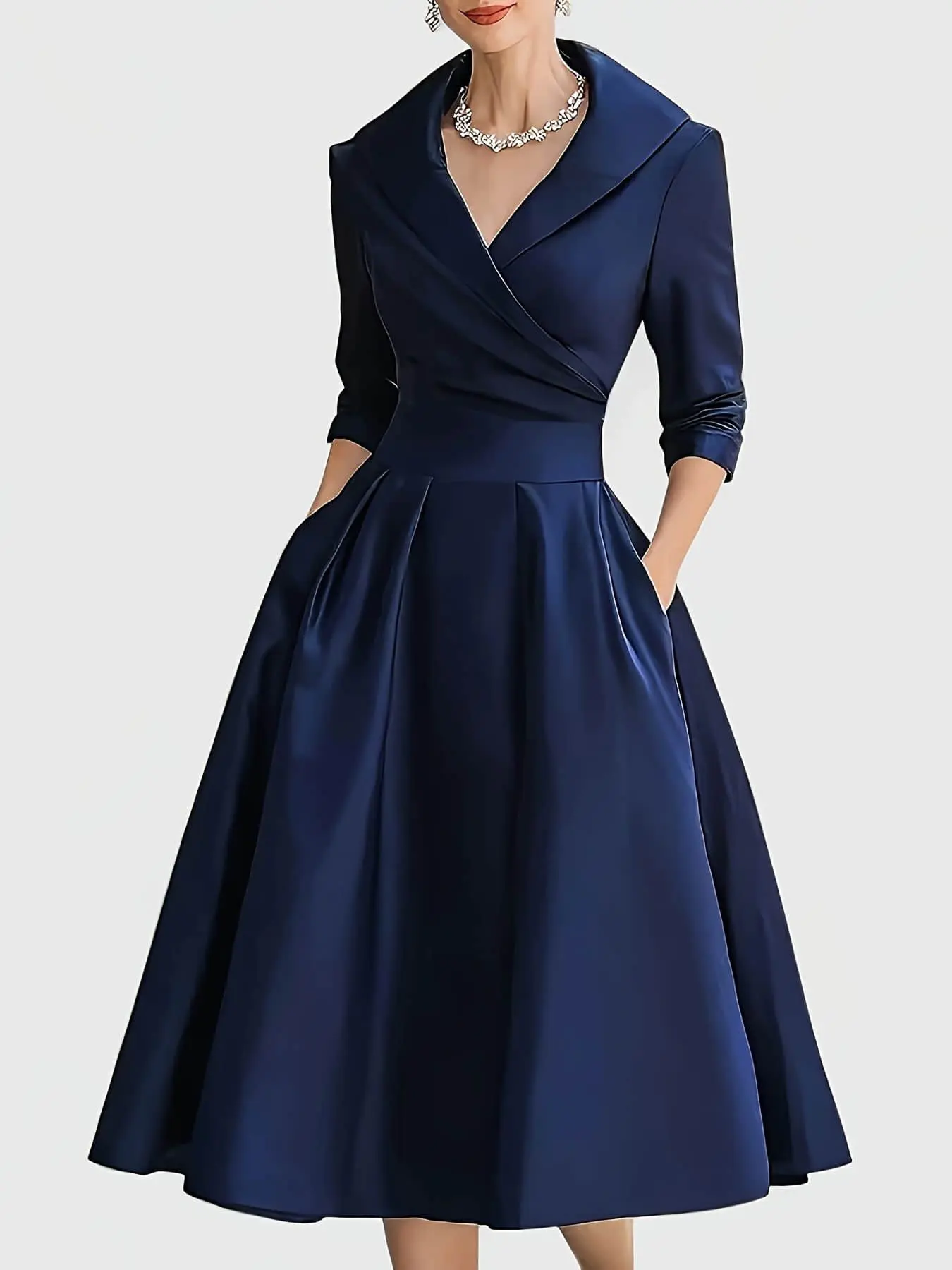 A fashionable and sophisticated, Chic elegant fit women's high-class lapel cross wrapped chest folded V-neck waist cinched dress, suitable for summer, suitable for coffee shop dates, cocktail parties, city travel, Dresses for party