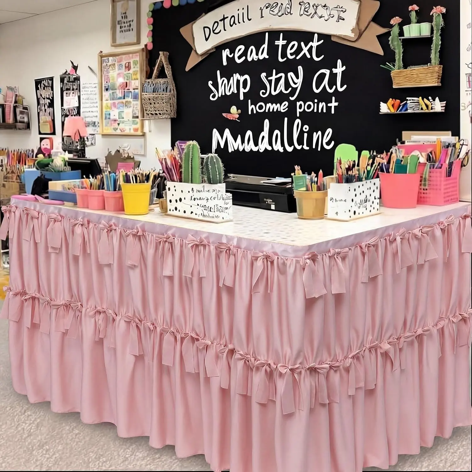 Breitling 30x72 In Pink Bow Ruffled Tablecloth & Teacher Desk Skirt, Teacher Stuff for Classroom, Rectangle Table Decoration for Back to School, Baby Shower Parties