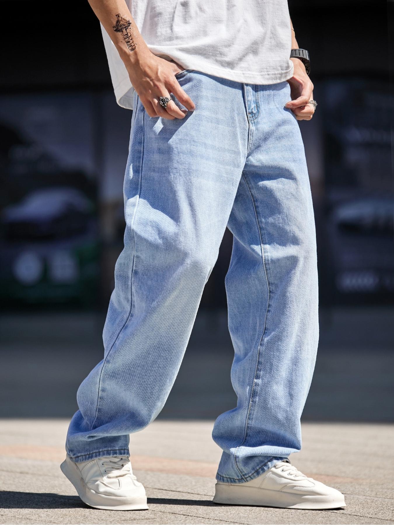 Men's Fashion Light Blue Light Wash Baggy Jeans, Menswear Retro Style Loose - Fit Denim Pants Perfect for Streetwear, Casual Daily Outfits and Urban Fashion Looks Vibe