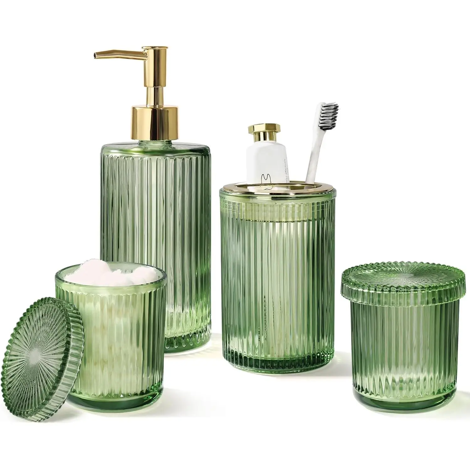 Green Glass Bathroom Accessories 4 Pcs, Green Bathroom Set, Soap Dispenser and Toothbrush Holder Set, Qtip Holder Set, Vintage Bathroom Sink Set, Cute Bathroom Decor