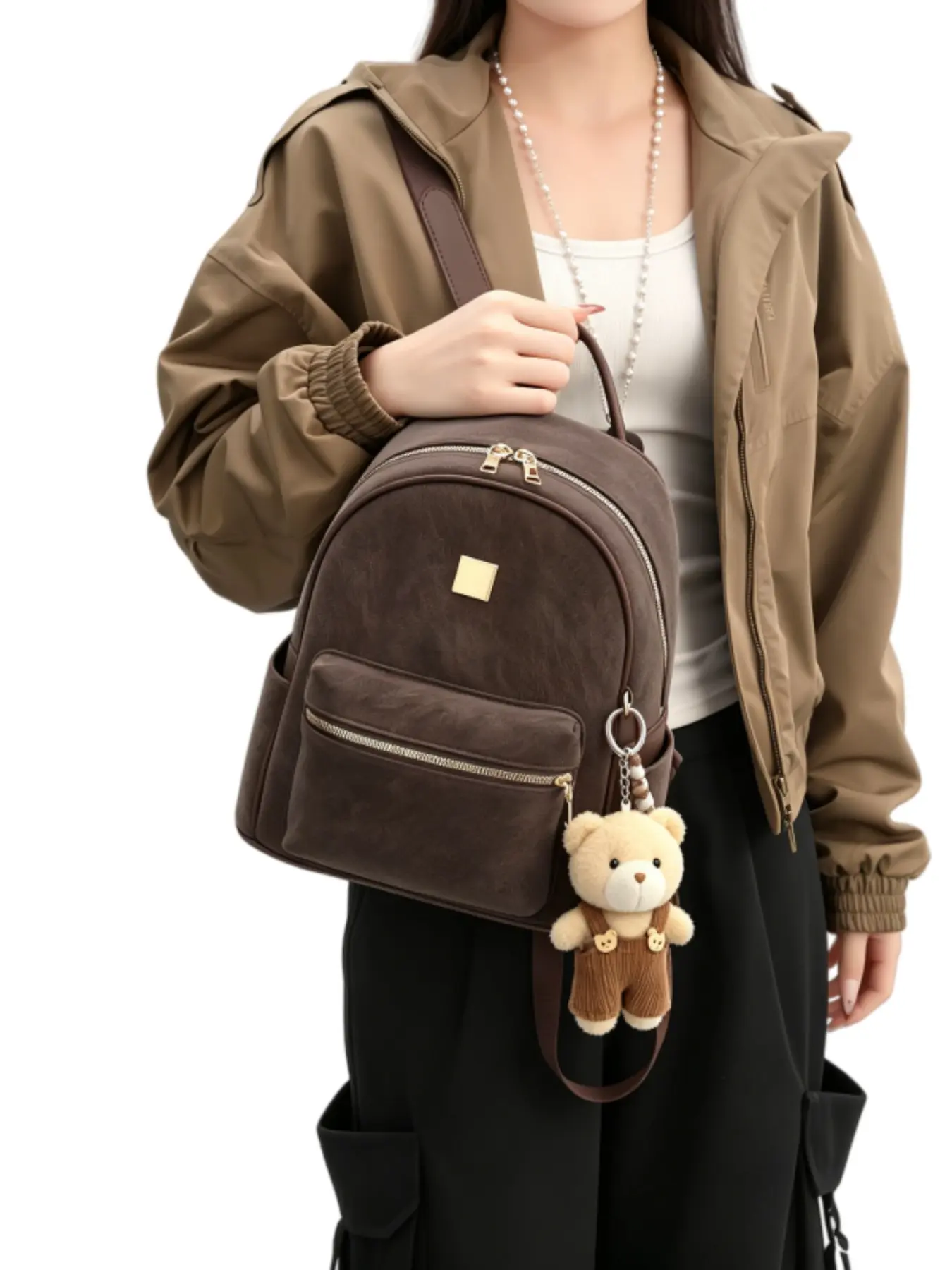 Women's Small Backpack, Large Capacity Lightweight Fashion Bag, Cute Versatile Backpack, PU Leather with Pendant Doll, Perfect for Outdoor Storage, Stylish Girl Backpack