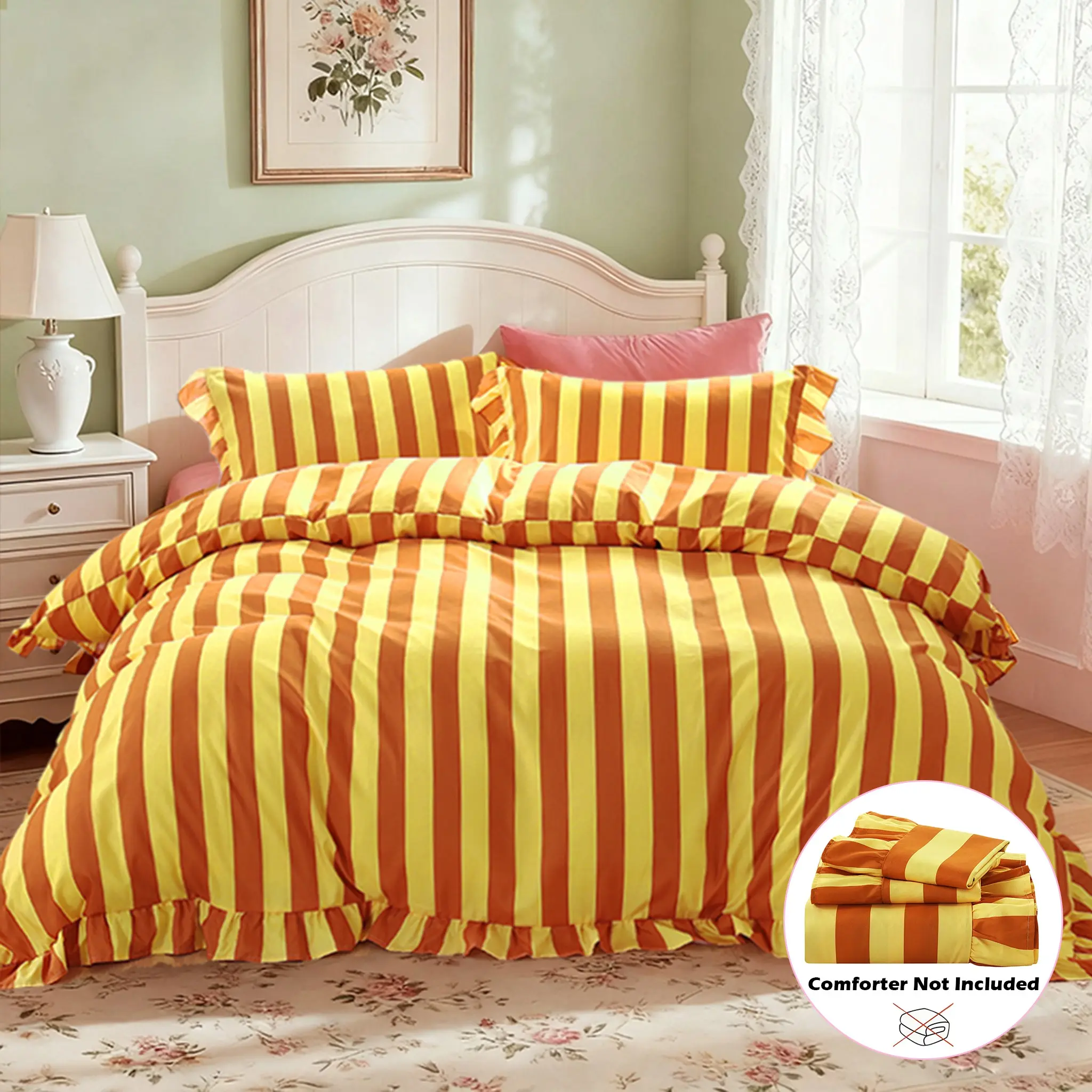 Romantic French Style Striped Bedding Set, 3 Piece Set Includes 1 Duvet Cover No Comforter + 2 Pillowcases No Inserts, Soft Breathable Polyester Fiber, Perfect Gift, Bed Sets