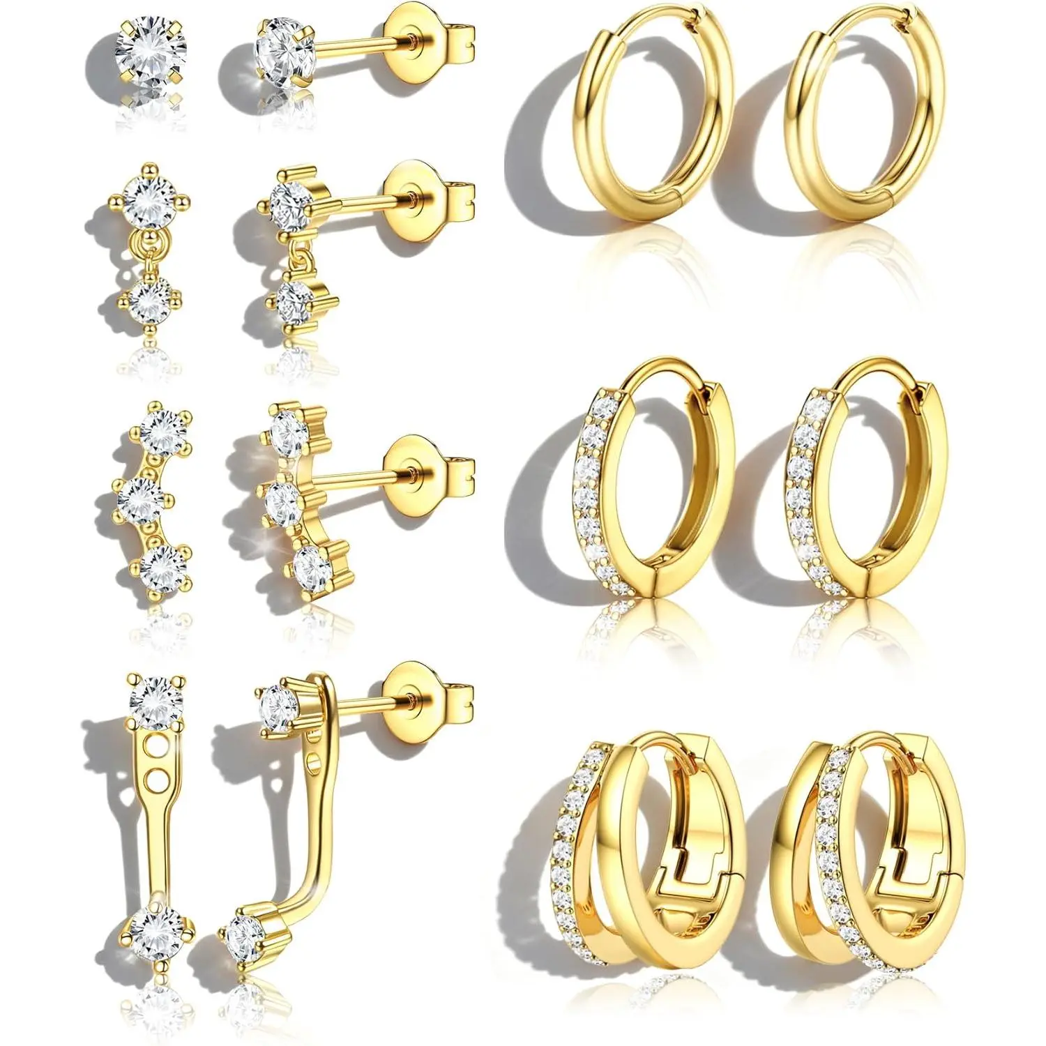 Hypoallergenic Earring Set, 7 Pairs of Gold and Silver Dainty Stud and Huggie Hoops for Women, Cartilage and Helix Stacking Jewelry, Earrings