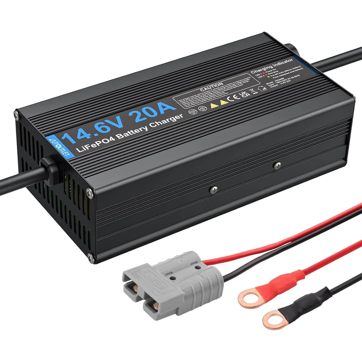 AUTOUTLET 14.6V 20A LiFePO4 Lithium Battery Charger - Aluminum Alloy Casing, 50A Anderson Connectors, LED Indicator, Fuse, Cooling Fan, Fast Charger for Car, Boat