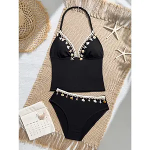 Black Spicy Girl Style Halter Bikini, Seashell Starfish Decor V-Neck Swimsuit, Ruched High-Waist Tankini Two-Piece Set, for Teenager, For Teenager