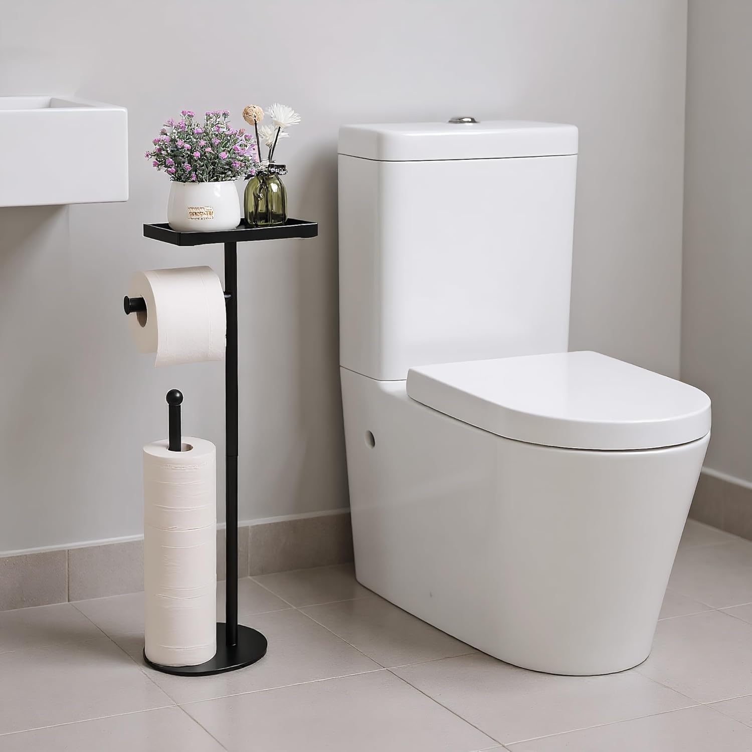 Free Standing Toilet Paper Holder Stand with Phone Shelf, Holds 5 Paper Rolls, Black Tissue Roll Holder for Bathroom, Sturdy Engough for Potted