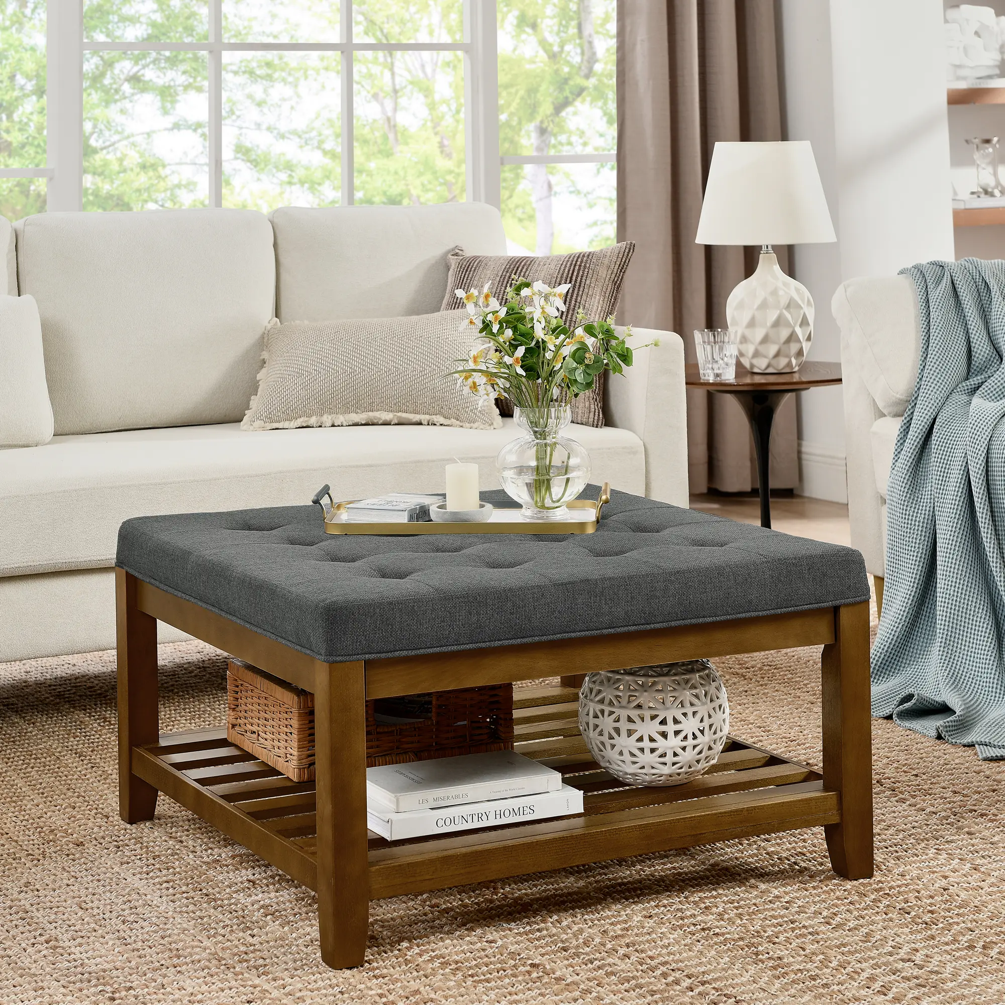 Nokaa Upholstered Square Ottoman Coffee Table with Tufted Linen Top and Beech Wood Frame, Large Storage Footrest Stool for Living Room, Dark Gray, 34.25x34.25x7.48 Inches, Dark Gray Color Options, Linen Material, American Traditional/European/Mid...