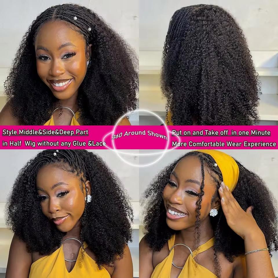 [3 IN 1 Half Wig] Deep Wave Seamless Flip Over Half Wig Human Hair Kinky Curly Invisible Hairline Glueless Beginner Friendly Curly Wigs for Women With Drawstring