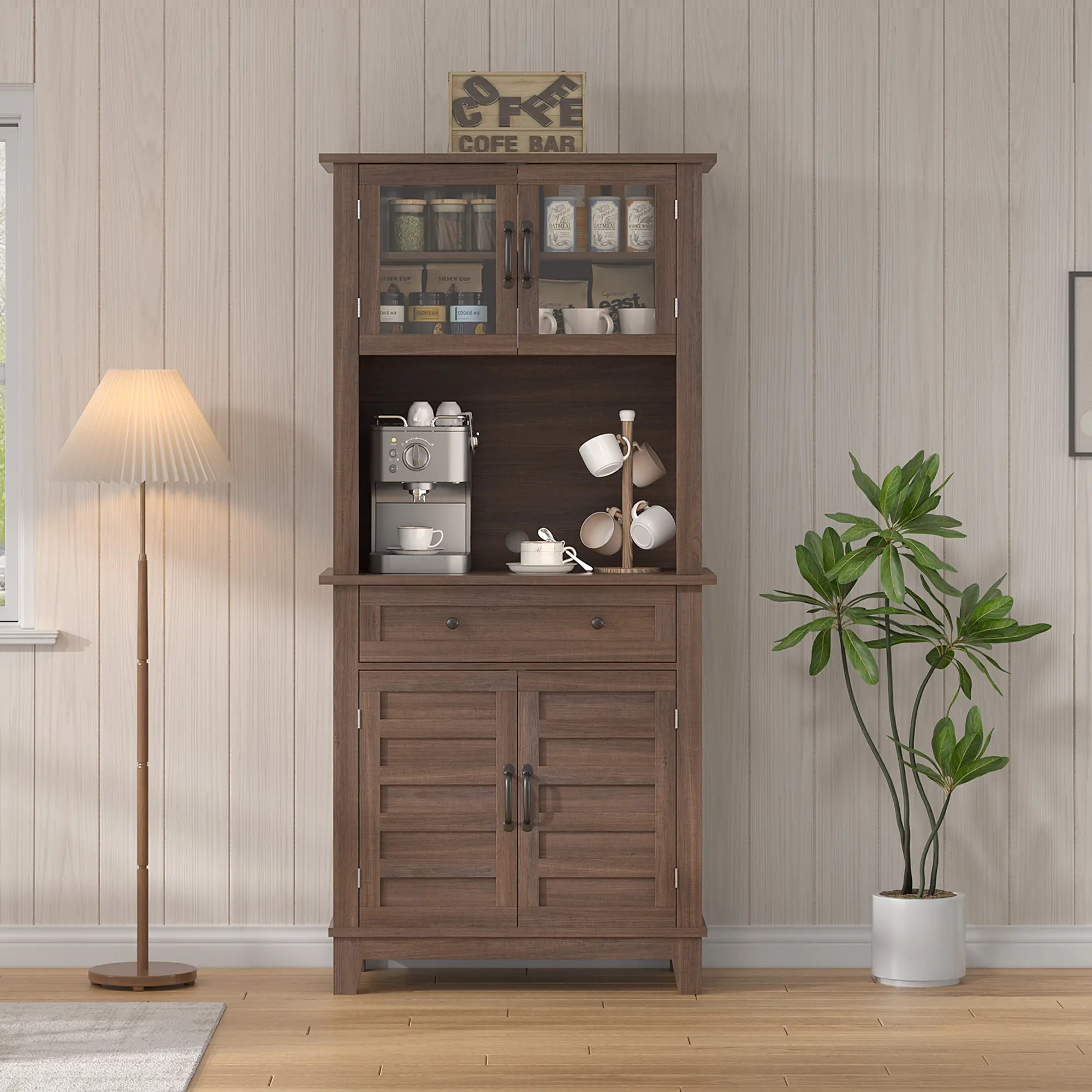 Versatile Tall Kitchen Pantry Cabinet – Glass Doors, Adjustable Shelves, Drawer, Freestanding Storage Hutch for Dining, Living, or Bathroom