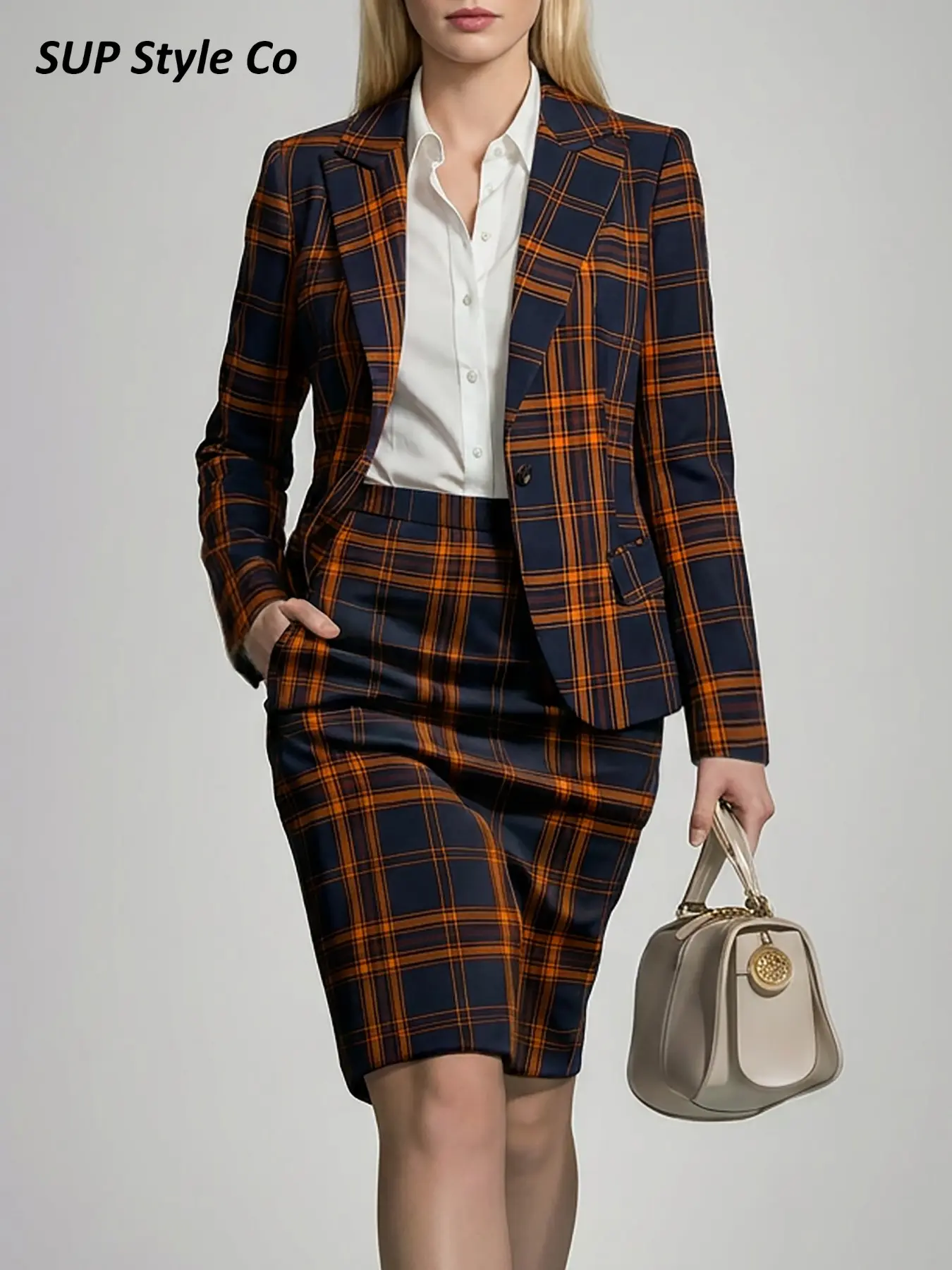 Women's Two-Piece Navy Plaid Check Suit Set, Jacket + A-Line Skirt, Vintage Modern Style, Office, Formal Events, Luxury Social