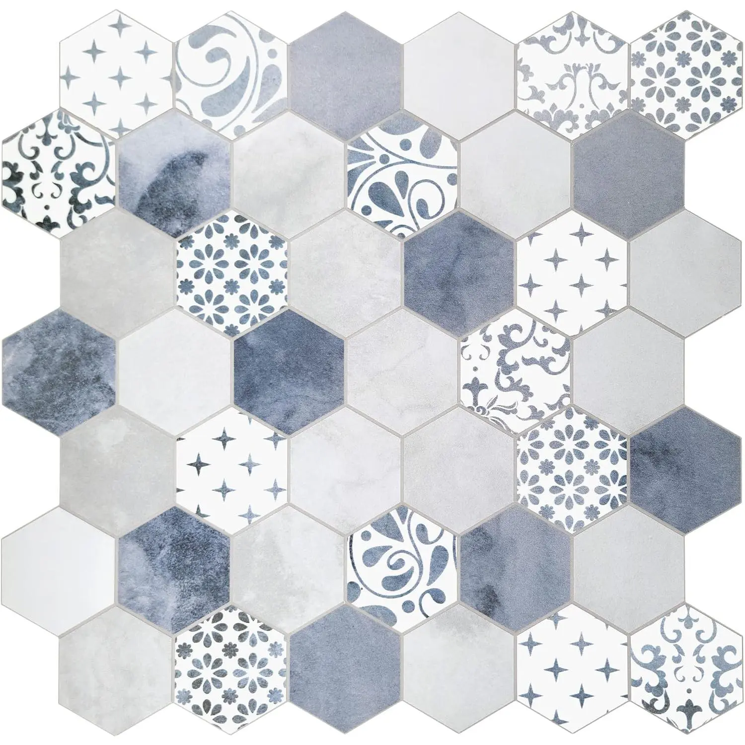 10-Sheet Peel and Stick Backsplash, Blue Cement Hexagon Stone Composite Marble Looks Self Adhesive Wall Tile, Stick   for Kitchen Bathroom Shower, Cover 9 Sq Ft.