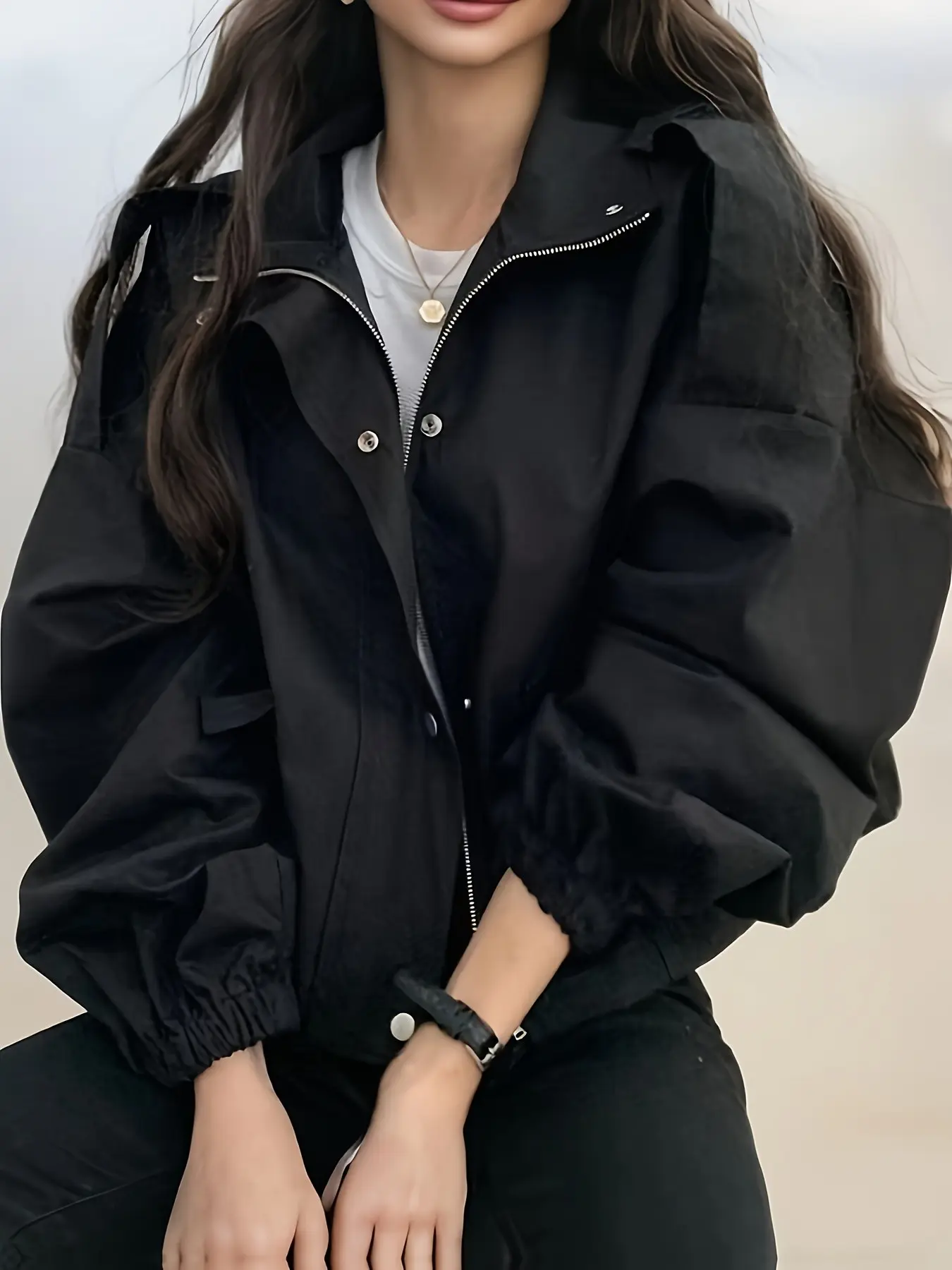 Women's Fashion Stand Collar Pilot Jacket, Short Sleeve Long Coat, Perfect for Autumn, Stylish and Comfortable Outerwear
