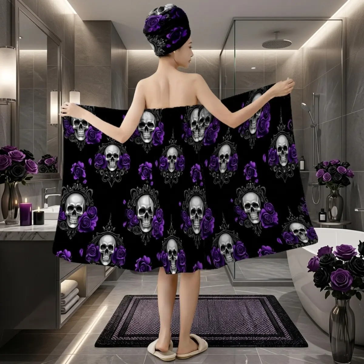 2Pcs Halloween Gothic Purple Rose Skull Bath Wrap Towel Set for Women, Wearable Shower Skirt & Hair Towel Turban, One Size/Plus XXXXL, Soft Cozy Spa Bathrobe, Beach Cover Up, Spooky Bathroom Gift
