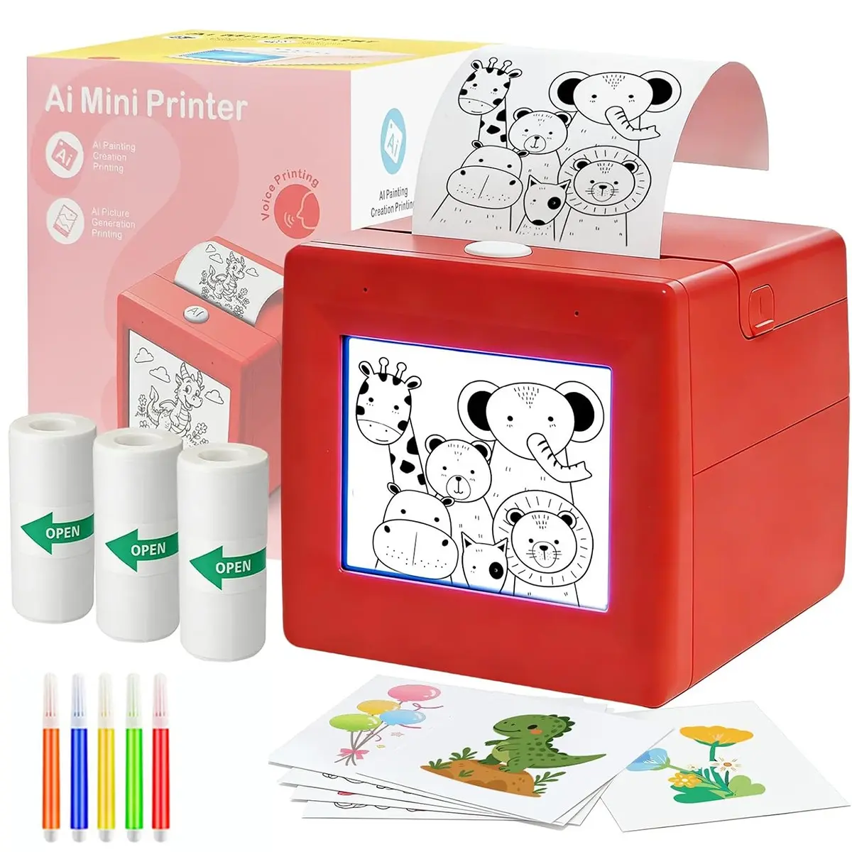 Smart Ai Voice Mini Printer with Display, USB Charging, Includes 3 Reels Paper & 5 Colored Pens, Ideal for Photos, Scrapbooks, Notes, Toys