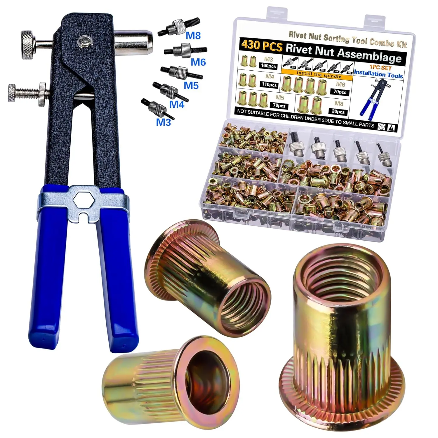 Pressure Rivet Nut Tool Kit, 430Pcs Metric Rivet Nut Combination (M8/M6/M5/M4/M3),   Furniture, Decoration, Automotive, Marine and Industrial Applications