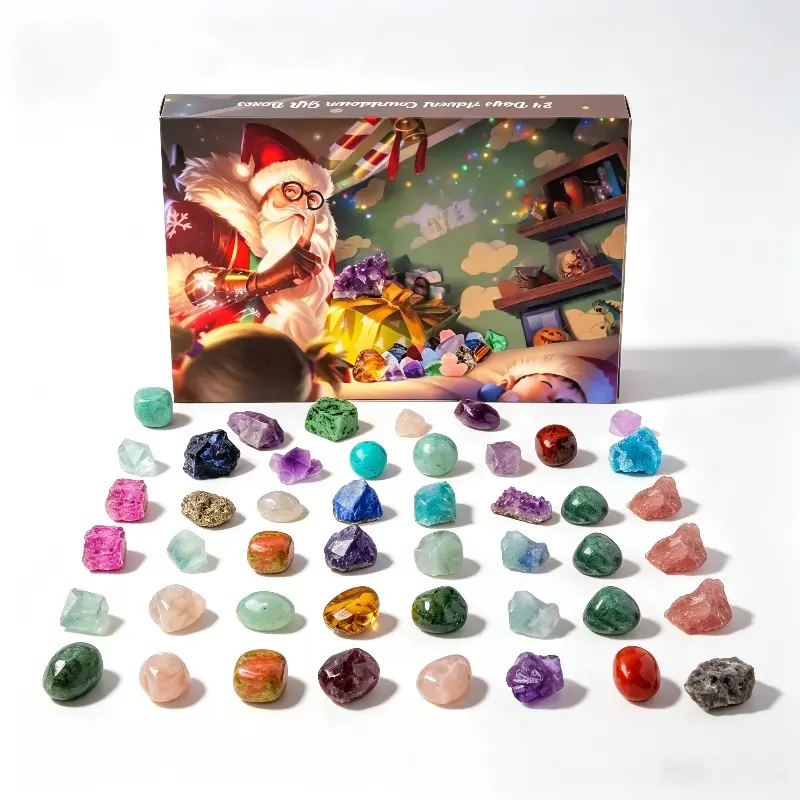 24-Day Crystal Gemstone Advent Calendar, Natural Stone Christmas Countdown Surprise Gift Box for Kids, Teens and Crystal Collectors