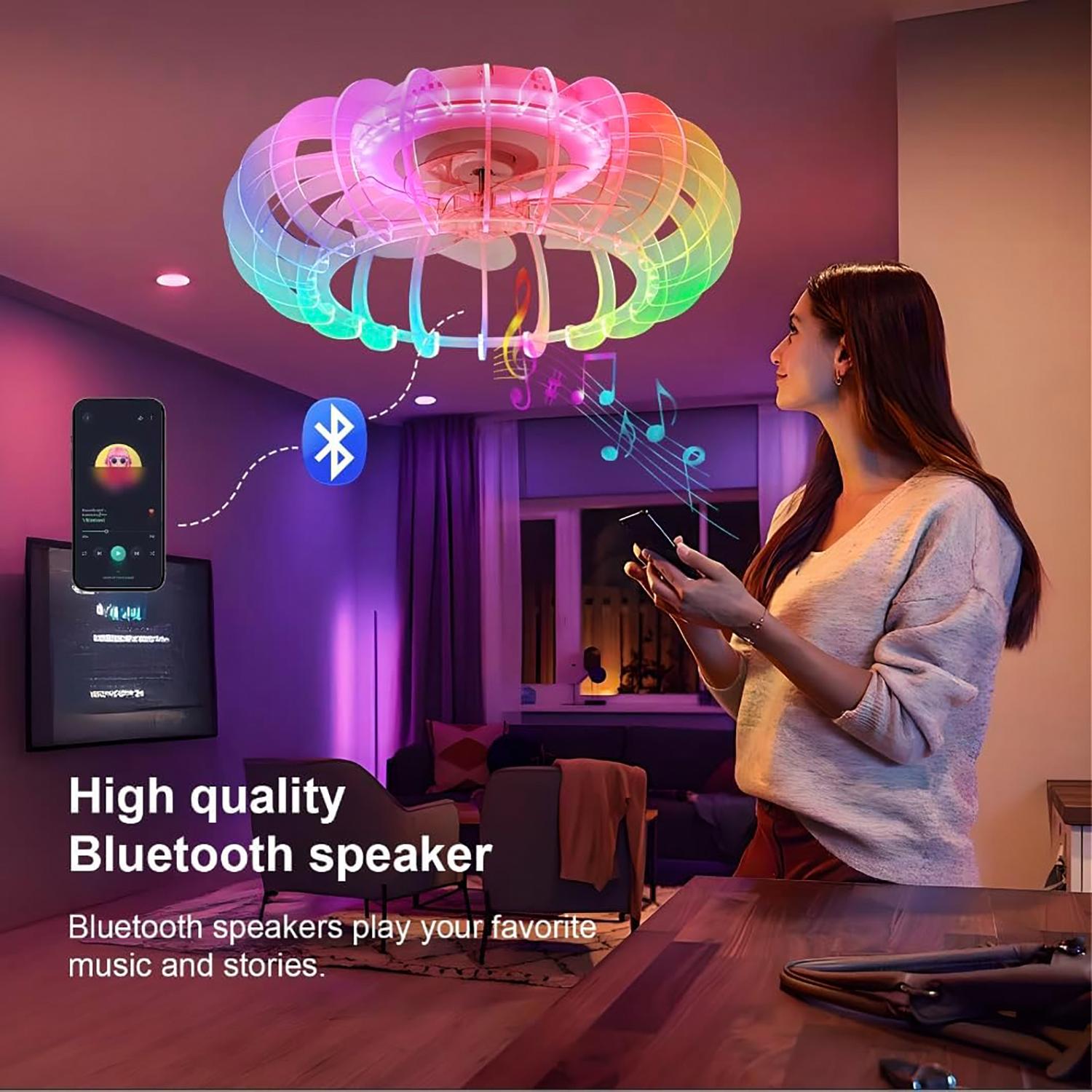 21'' Low Profile Bladeless Ceiling Fan with Lights Dimmable LED Enclosed Ceiling Fans with Light and Remote 6 Wind Speeds Reversible Ceiling Fan with Bluetooth Speaker for Kids Room Bedroom Party