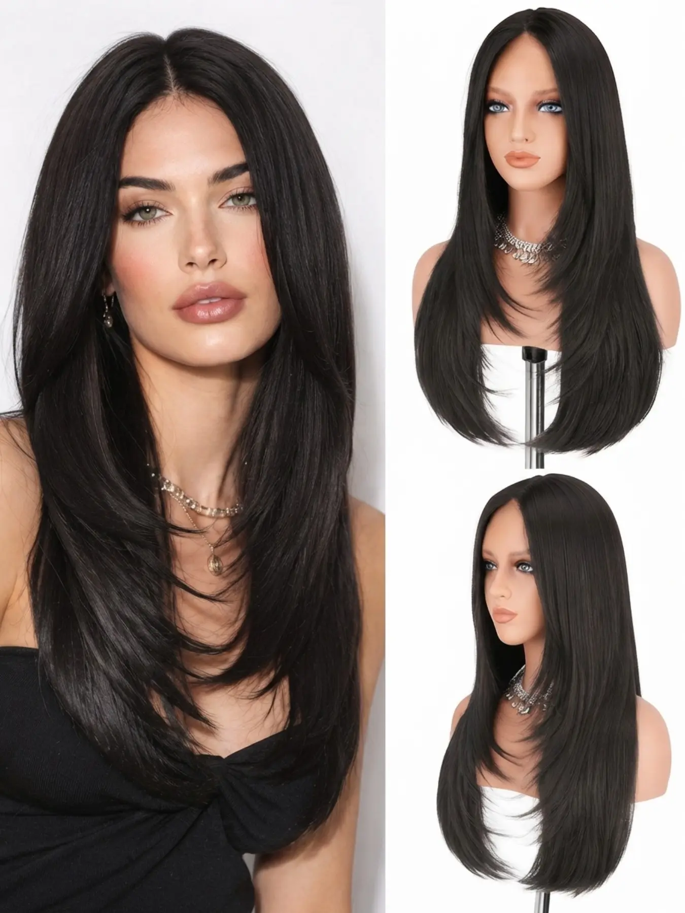 Natural Looking Middle Part Layered Wig, High-Quality Synthetic 24" Dark Black Long Straight Hair, Beginner-Friendly Glueless Wear, Breathable Cap for Comfort, Realistic Scalp Look, Perfect for All Face Shapes