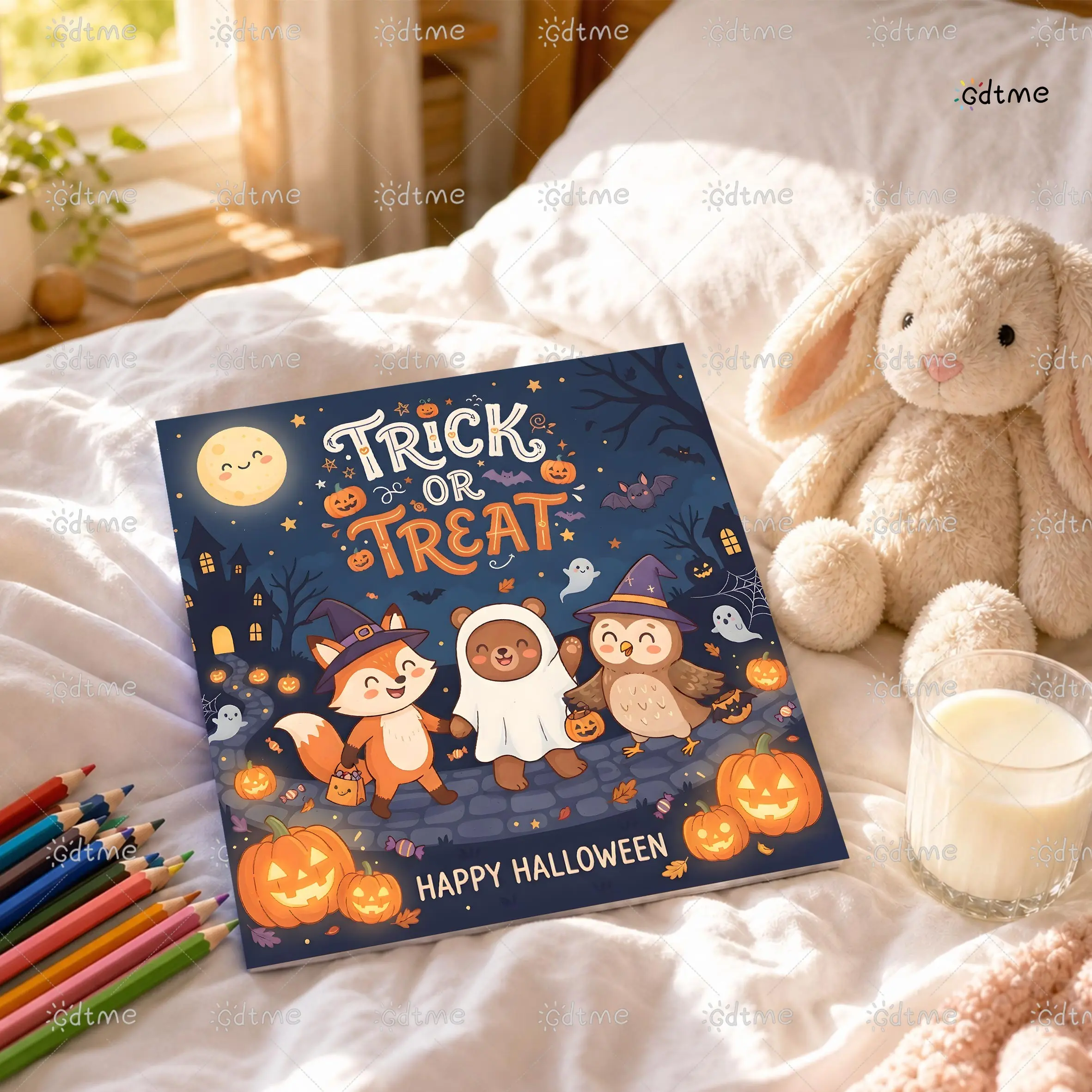 Trick or Treat Cute Halloween Animal Coloring Book, Square 7.87in Non-Scary Kawaii Fall Pumpkin Ghost Coloring Pages for Kids Teens Adults, Stress Relief Cottagecore Halloween Activity Book With Random Stickers Gift