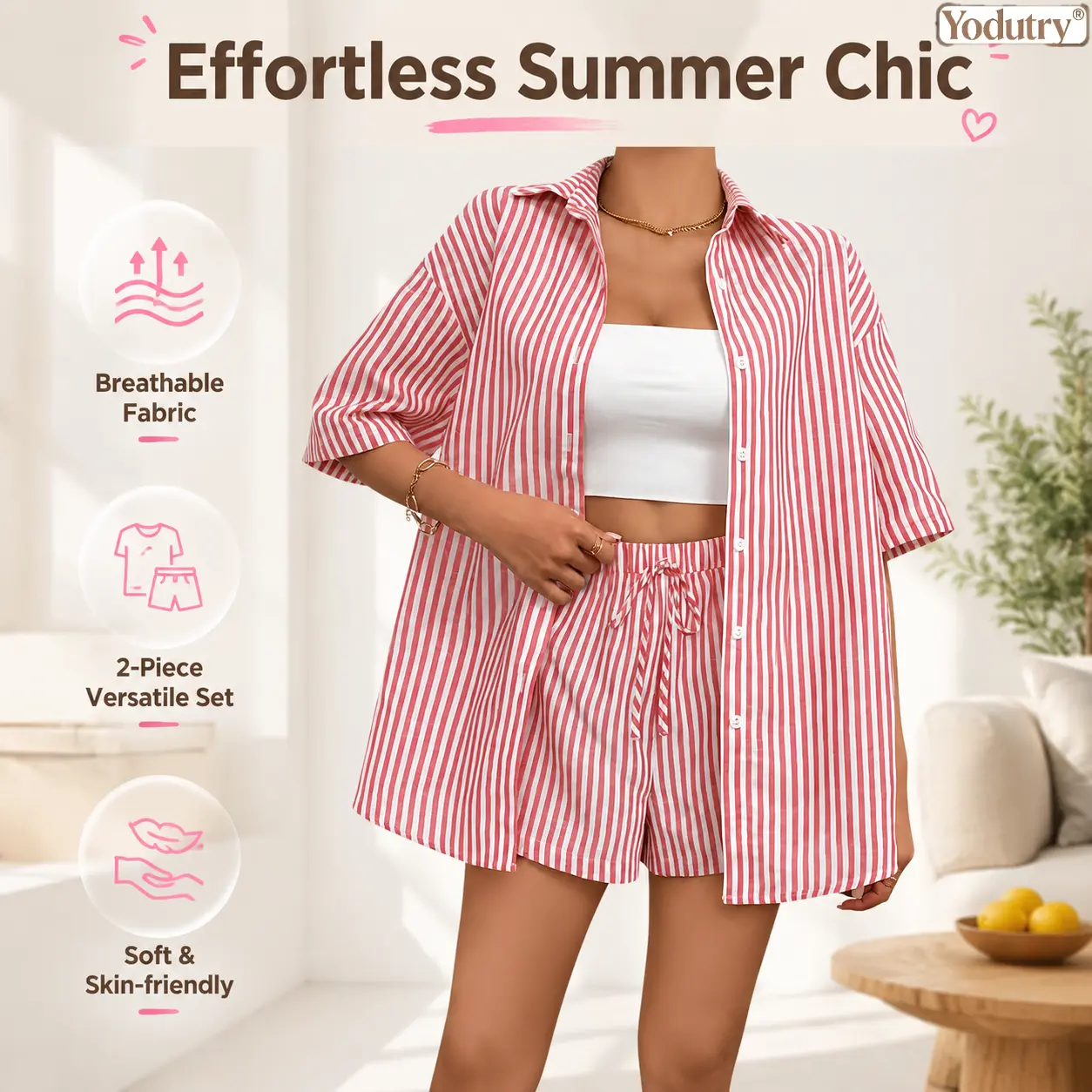 Yodutry Women's 2-Piece Lounge Set, Casual Striped Button Down Shirt and Comfortable Shorts with Adjustable Elastic Waist and Pockets, Women's Clothes, Matching Set, Short Sets For Women