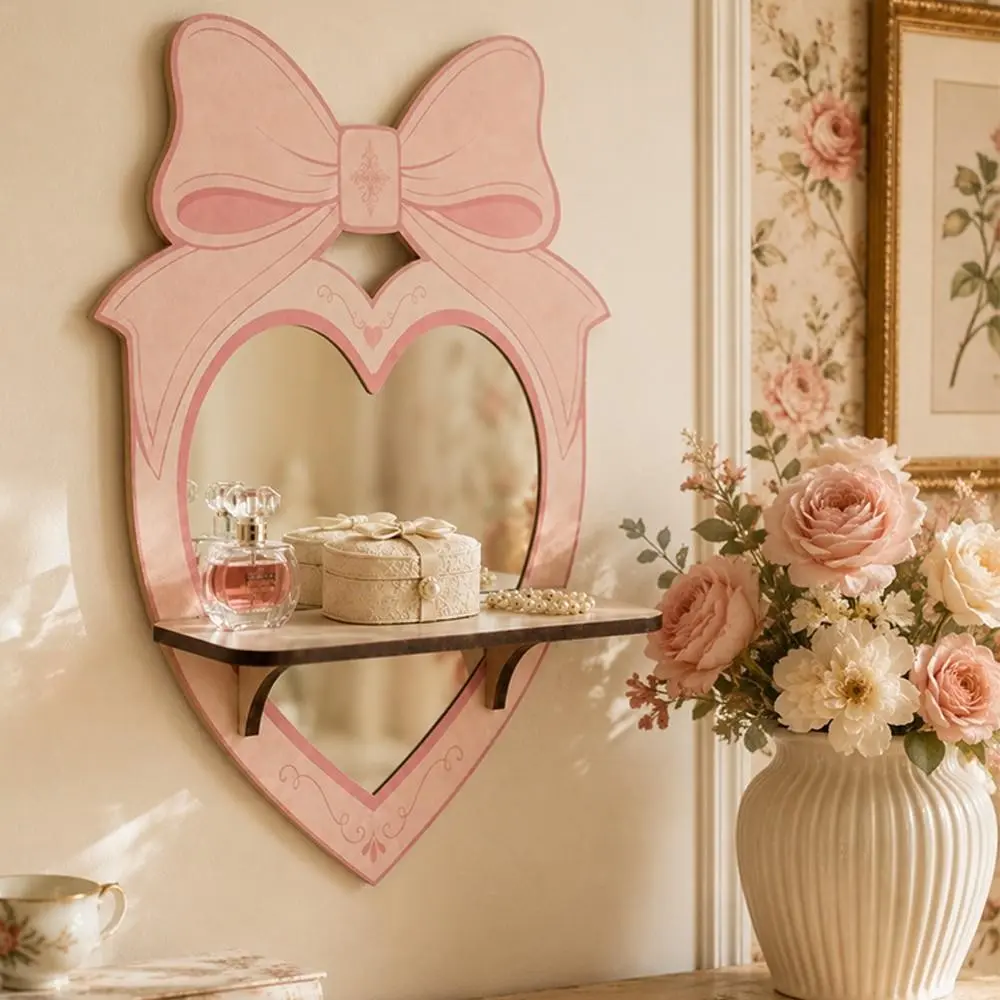 Bow Heart Wall-Mounted Mirror Shelf, Acrylic Mirror Storage Rack, Cute Makeup Mirror for Girl's Bedroom, Modern Vertical Decor