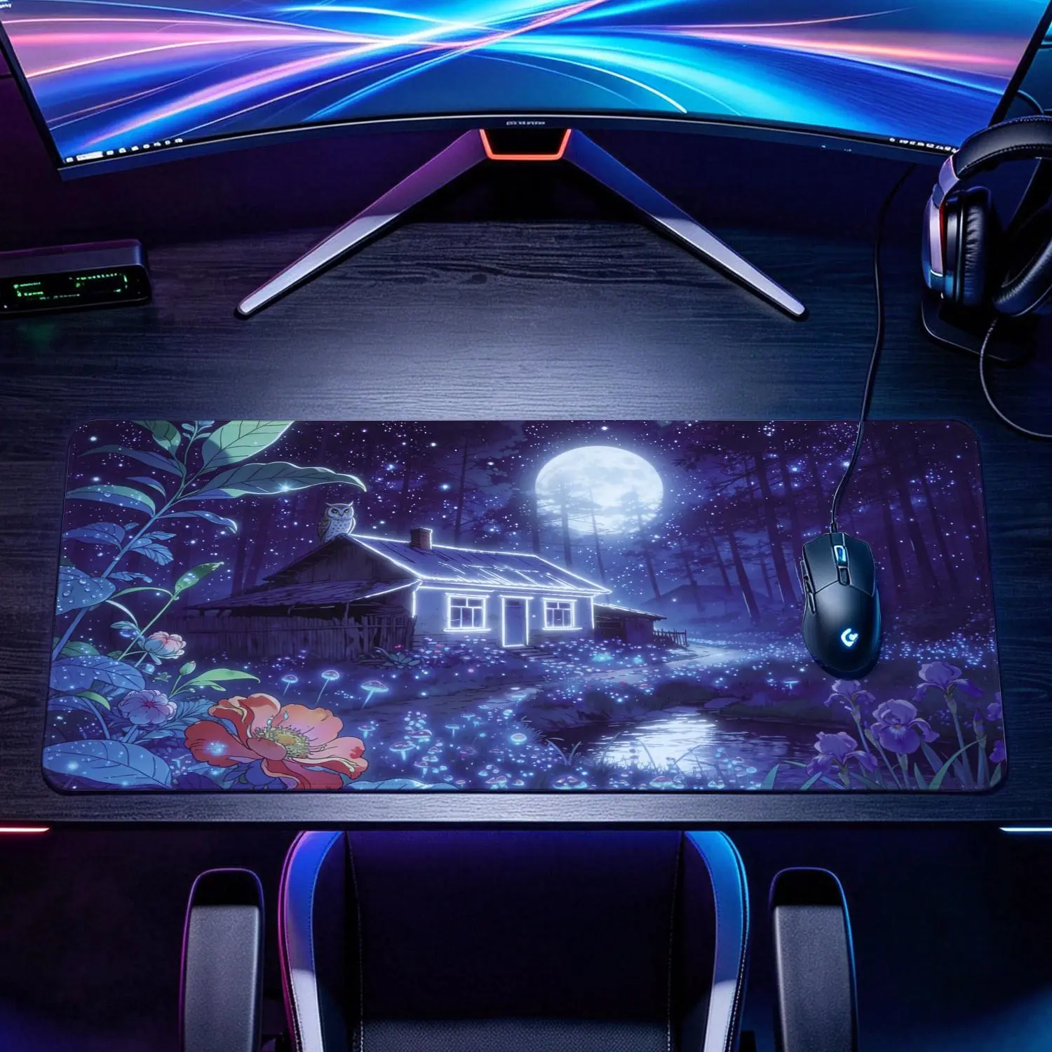 Extra Large Glowing Moonlit Forest Cottage & Owl Mouse Pad - Gaming Mousepad with Non-Slip Rubber Base, Lock Edge, Multi Sizes, Washable, Desktop Protection, Premium Multipurpose for Home, Office
