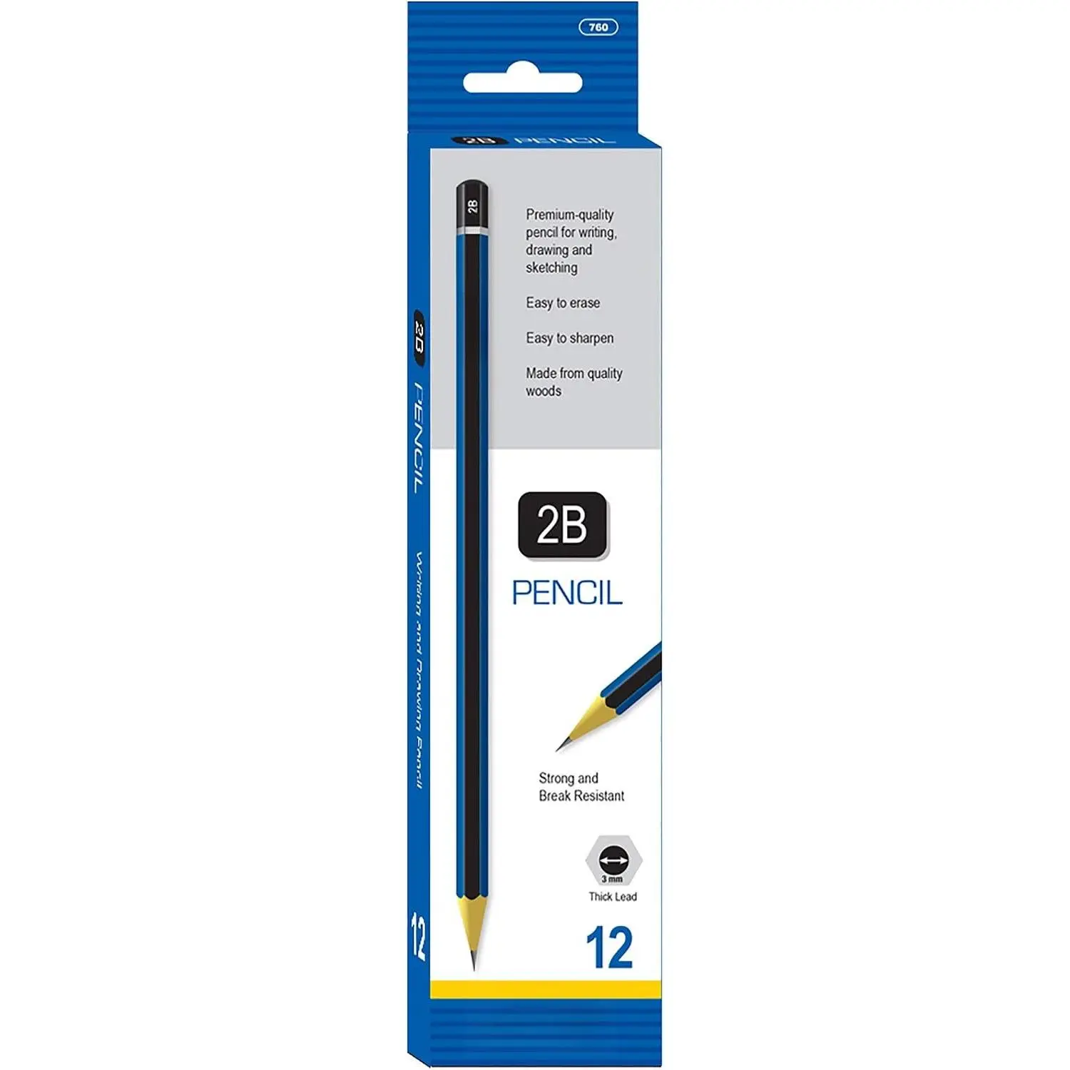 #2B   Pencil, Blue, 12 Per Pack (760-24P) | Softer #2B graphite for dark, bold lines,  barrel, fine point, shading, sketching, writing