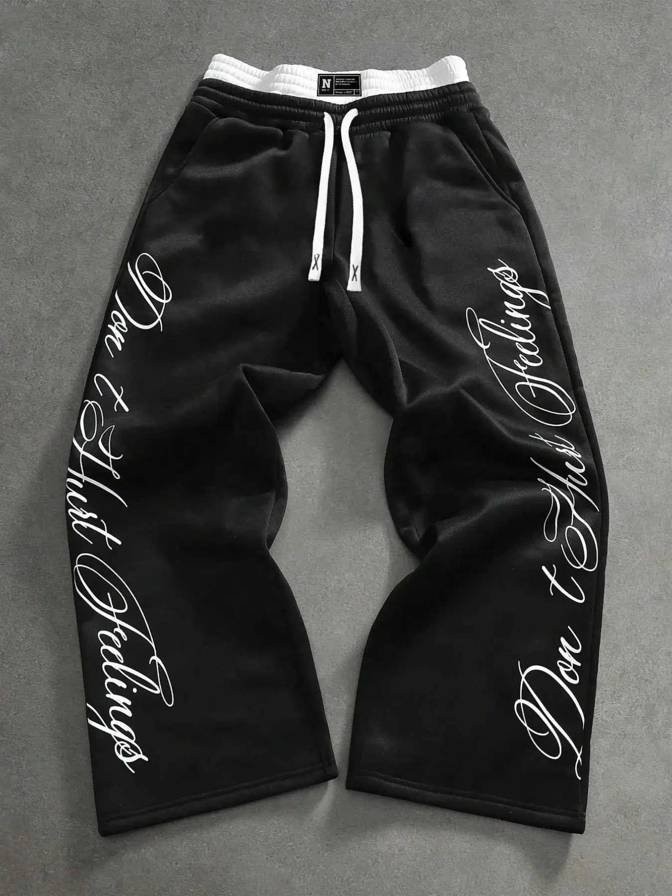Elastic Waist Loose Fit Jogger Pants, Side Handwritten Slogan Print, Breathable Comfort Casual Long Pants, Four Seasons Y2K Hip Hop Street Style