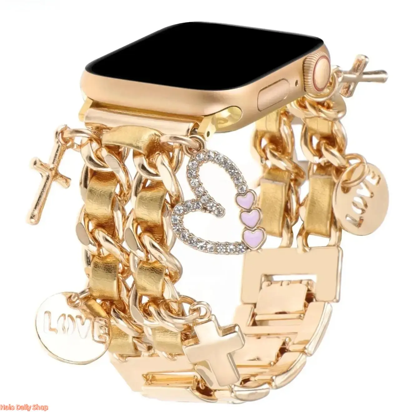 2026 Stylish Wearable Metal Smartwatch Band, Cute Cuban Chain Design with Key & Heart Charms, Compatible with Full iWatch Series (11/10/9/8/7/6/5/4/3/SE/Ultra 3)