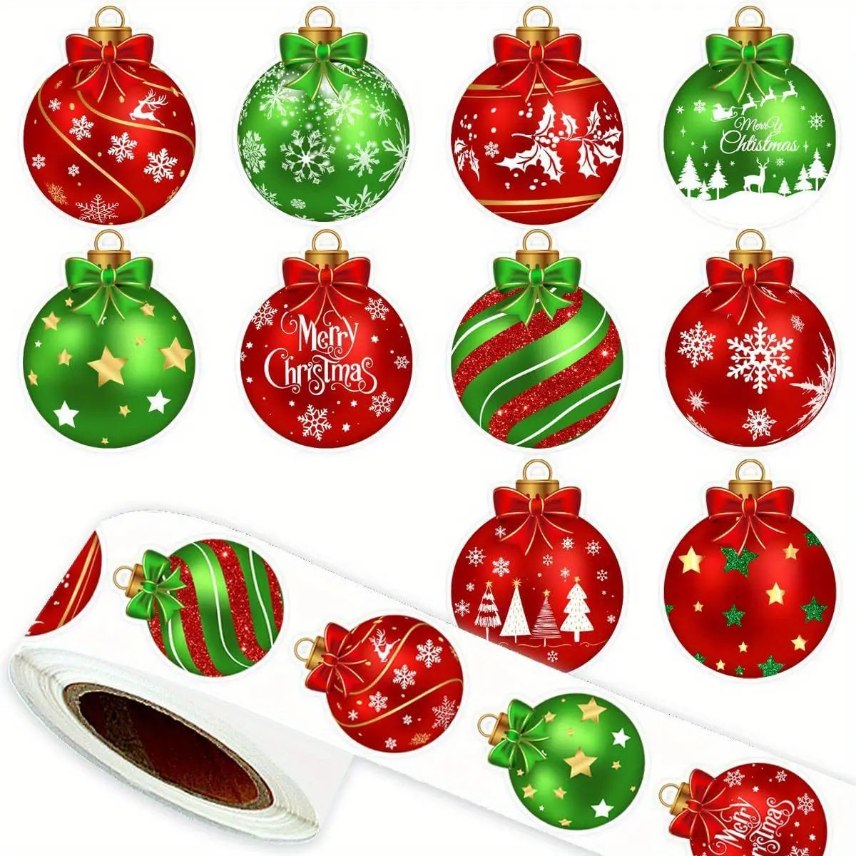 500PCS Christmas Ornament Stickers, Round Merry Christmas Self‑Adhesive Label Stickers, Red & Green Xmas Bauble Sealing Stickers for Cookie Bags, Gift Wrapping, Holiday Party Favors, Circle Sticker Label