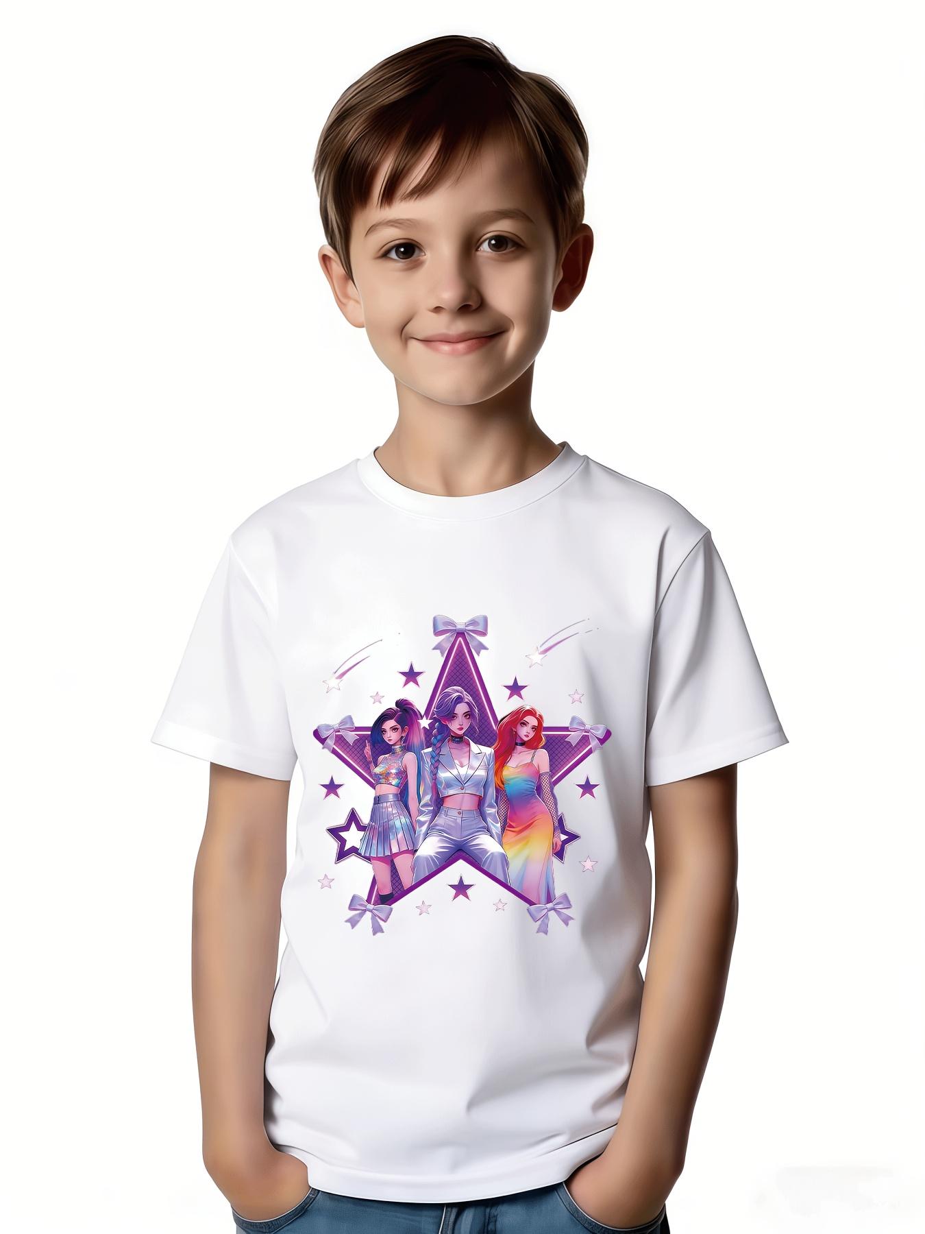1Fashion K-Pop Style Girls' Boys' T-Shirt |   Anime Style Three Female Characters Design With Shiny Purple Star Background And Metallic Letter Print, Ideal For Summer Casual Wear, Perfect Christmas, Birthday, Party Gift
