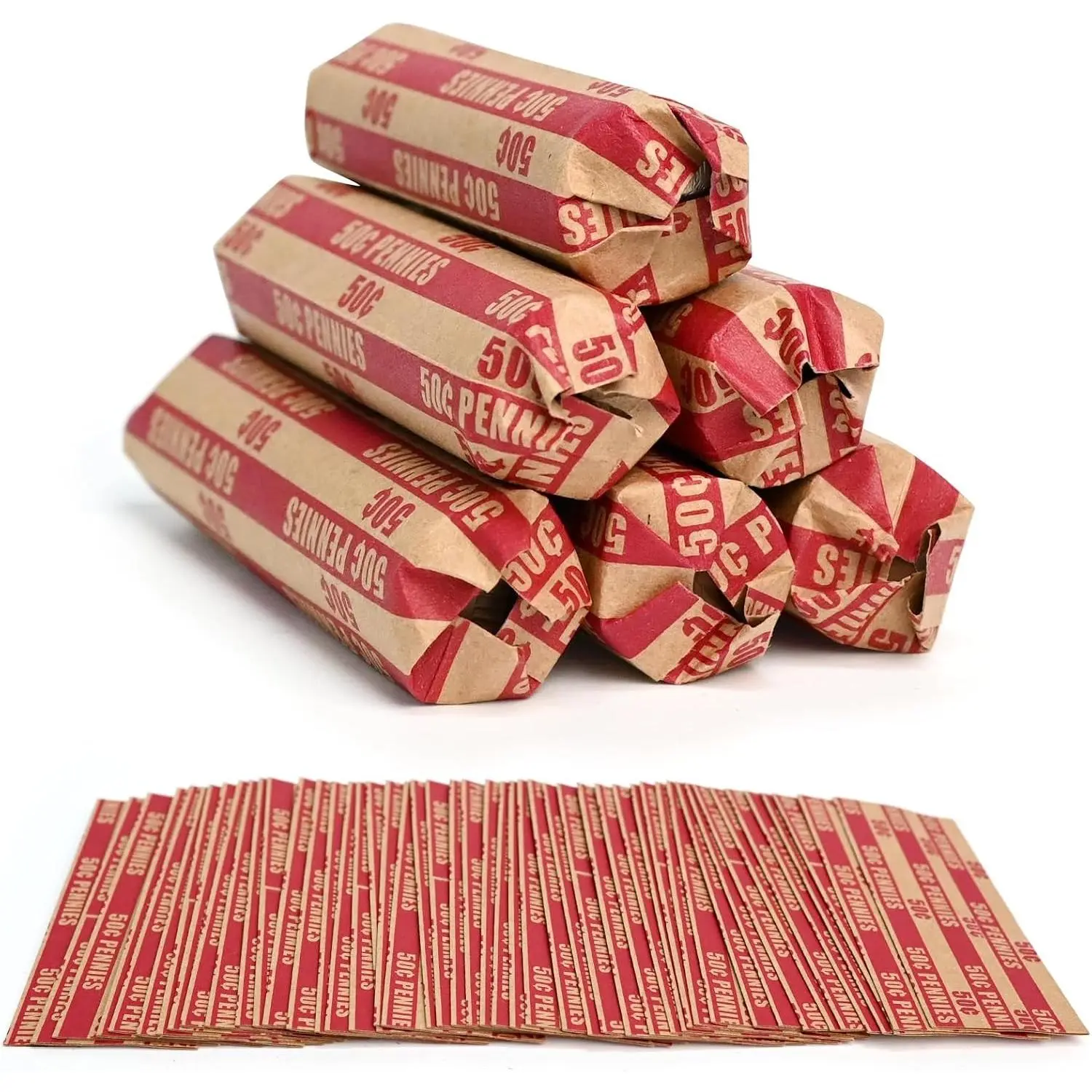 105 PCS Striped Flat Coin Wrappers for Pennies Rolls, Red