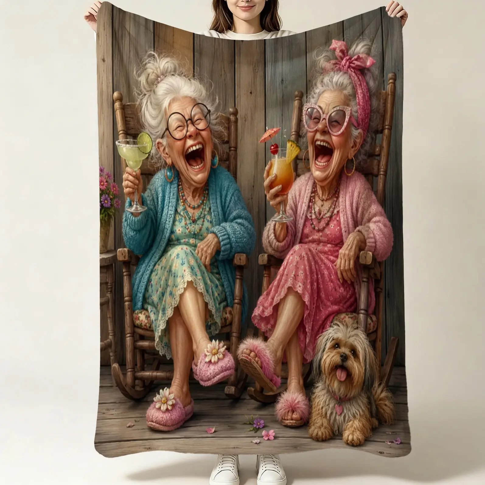 1 Pack Flannel Throw Blanket, Single-Side Digital Print of Elderly Granny Besties With Cocktails & Cute Puppy, Soft Cozy Warm Blanket, Multi-use for Sofa, Bed, Car, Camping, Travel, Picnic & Nap, Ideal Friendship & Birthday Gift for Girl Best Friends