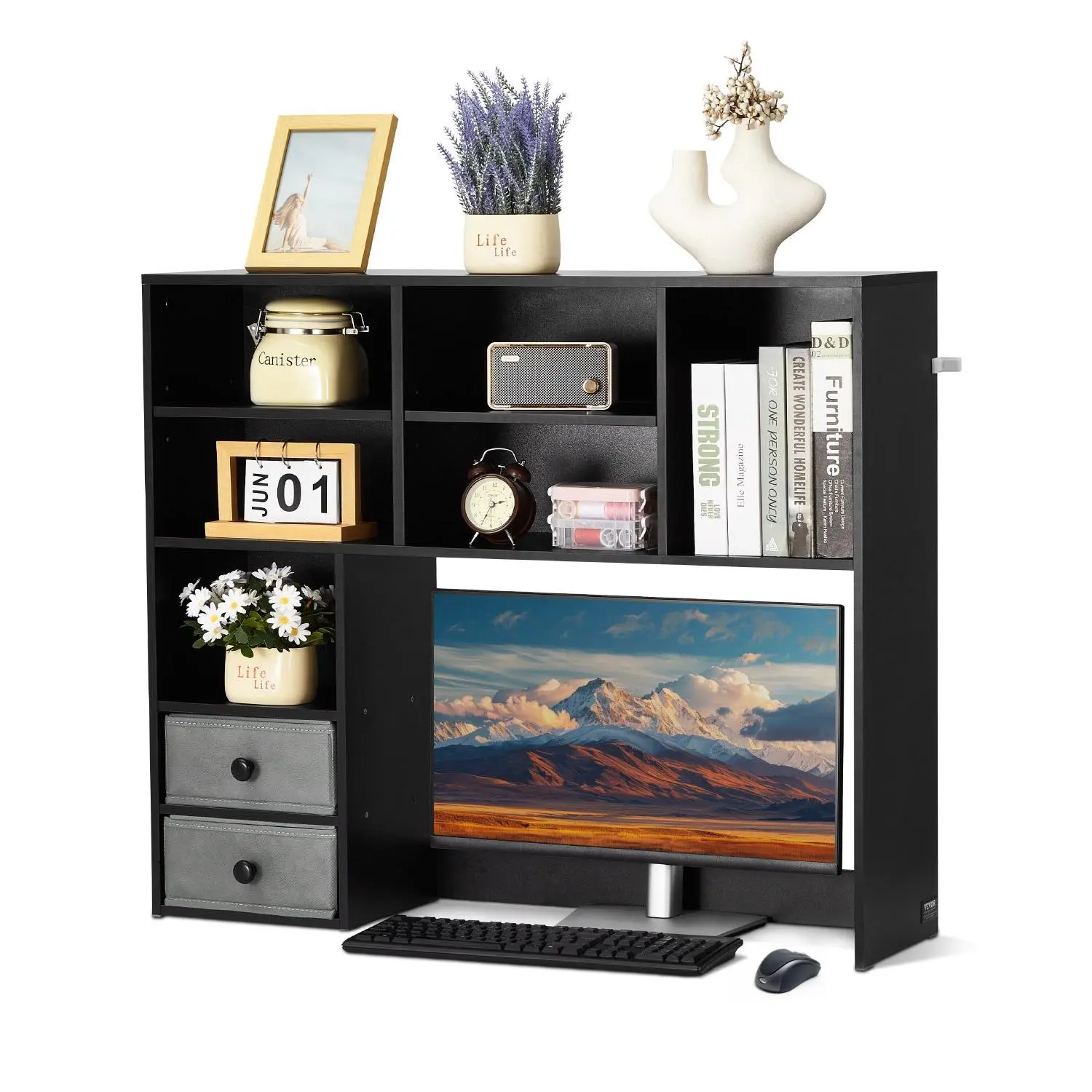 VEVOR Desktop Bookshelf, 3-Tier Desktop Storage Organizer, 37" x 10"x 31.1" Office Storage Rack Wood Display Shelf, Desktop Bookshelf Hutch with Two Fabric Drawers, for Office, Home Dorm, Black