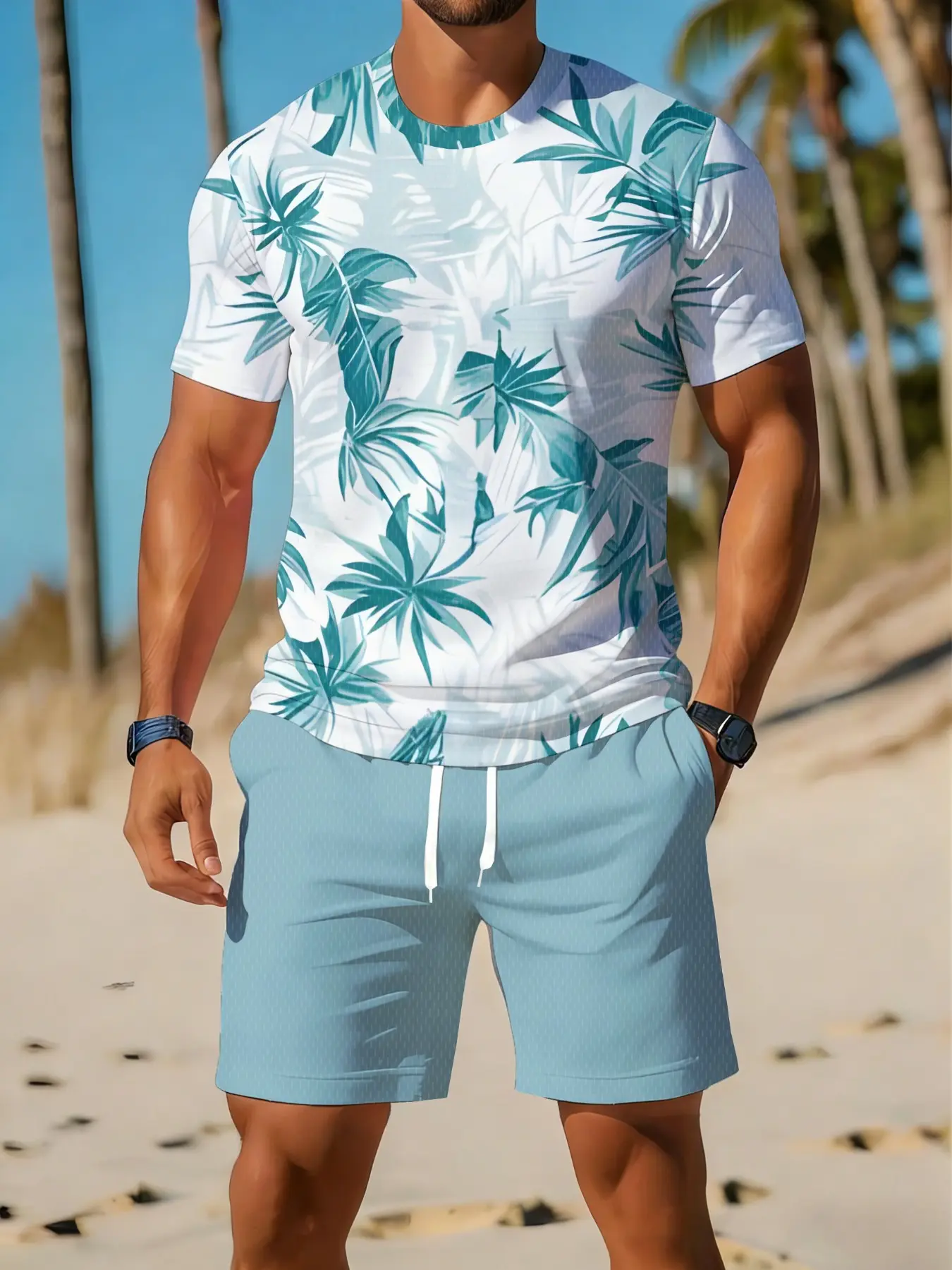 Men's trendy two-piece set, Forest style tropical leaf print set, refreshing campus holiday outfit