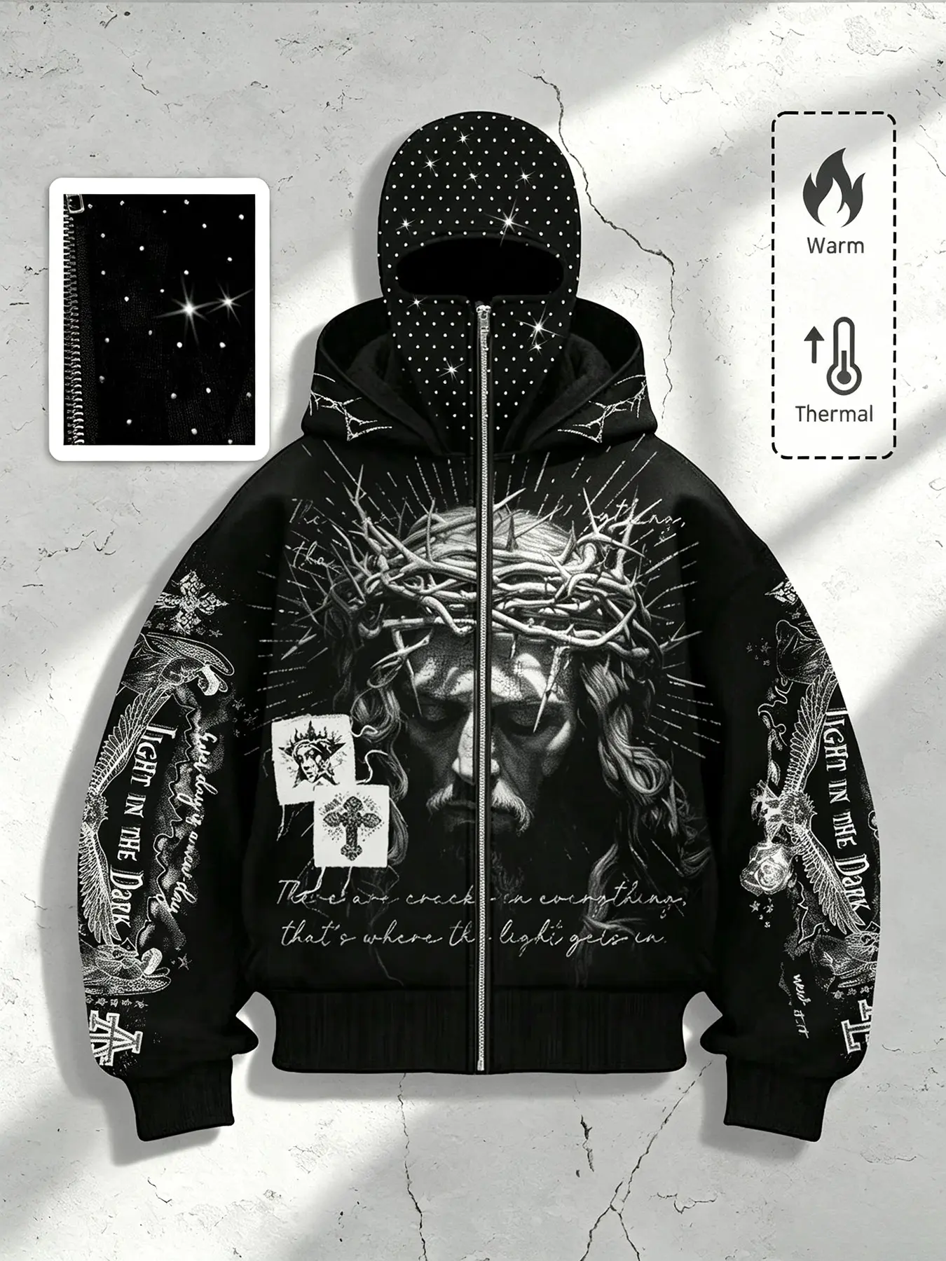 Thorn Jesus Portrait Dual Hooded Jacket, Unisex Long Sleeve Graphic Street Style, Fall Winter Baggy Loose Fit Warm Coat