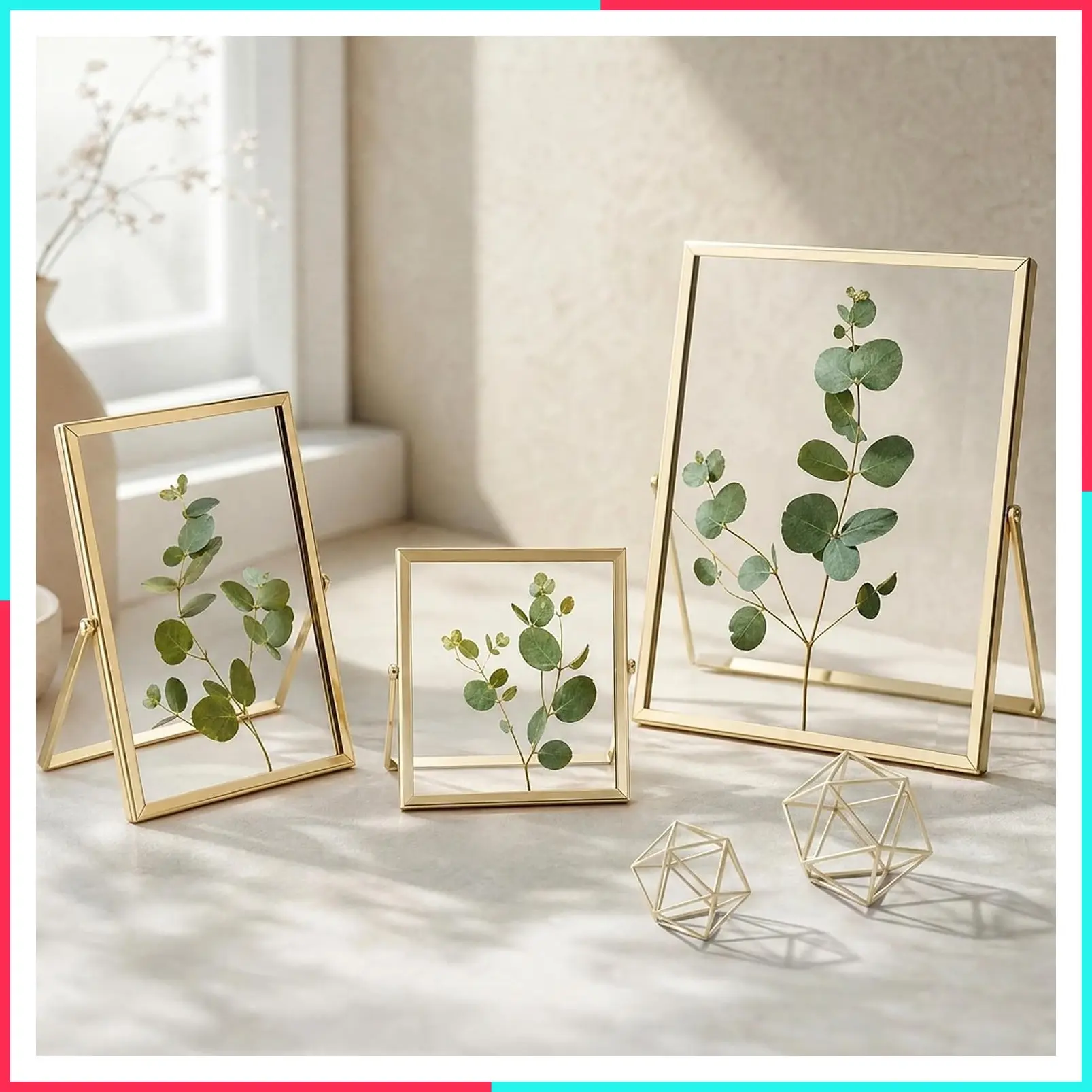Gold Floating Picture Frames Set of 3 (4x4, 4x6, 5x7) - Metal Frame with HD Glass