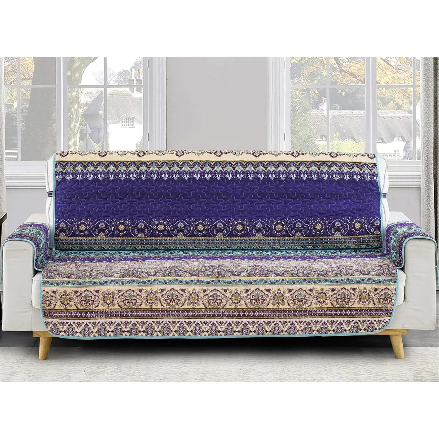 Blue  Boho Couch Cover Mandala Stripe Furniture Protector with Elastic Straps Bohemian Soft Microfiber Sofa Cover Slipcover for  Dogs Pets,3 Seater (Sitting Area 66 inch)
