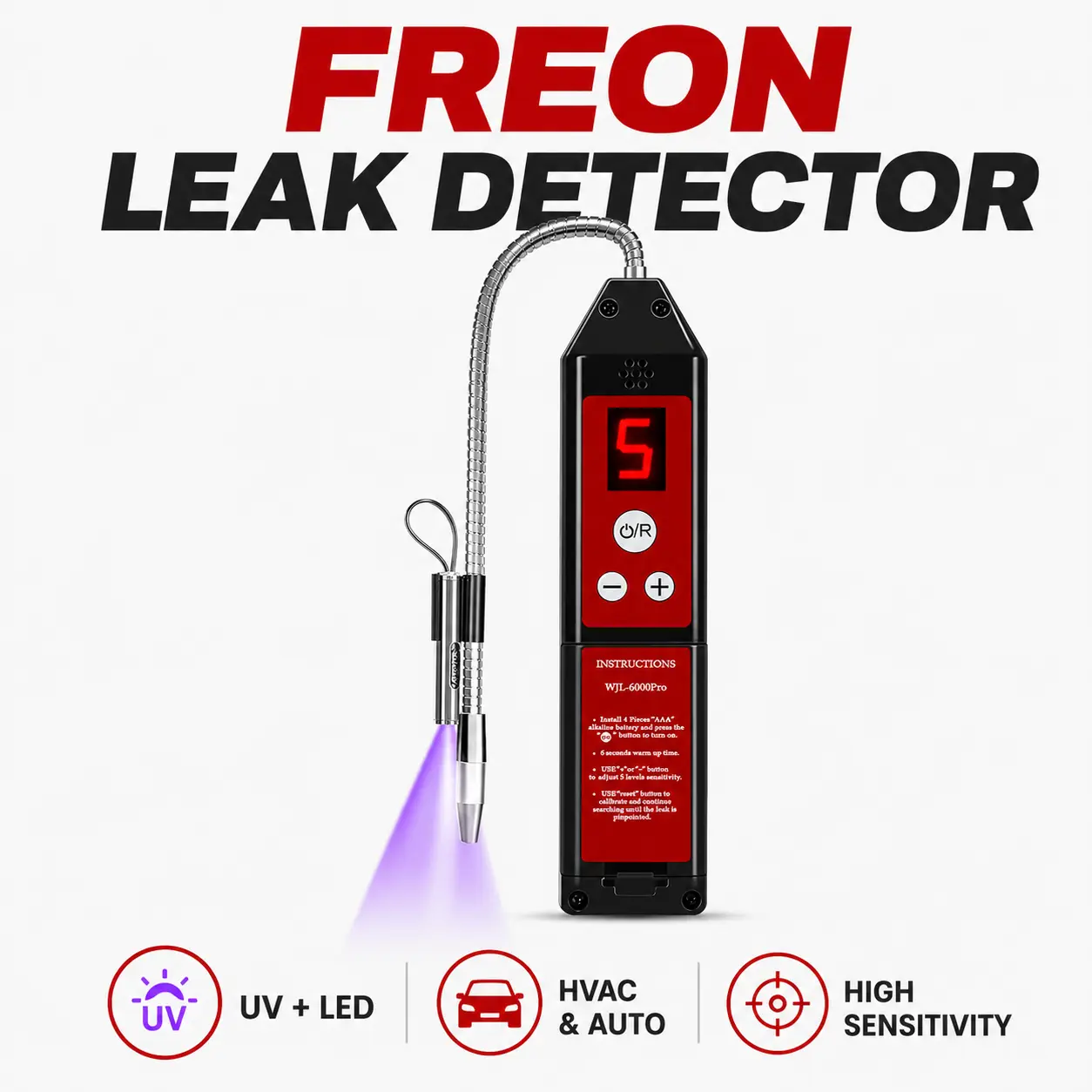 High-Sensitivity Refrigerant Gas Leak Detector, UV & LED Freon Sniffer Tool for Automotive Air Conditioning, HVAC Repair, R134a, R22 & R410A Detection