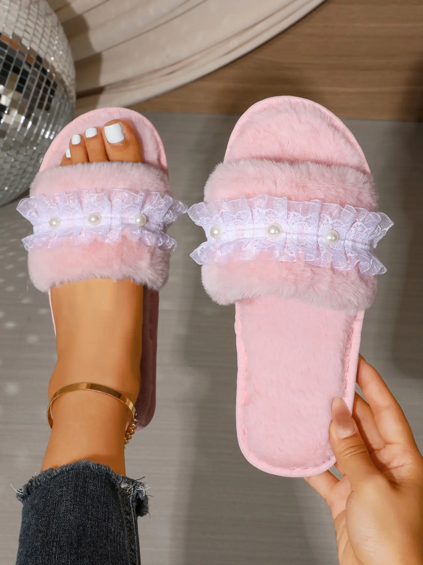 Lace Pearl Decorated Plush Sandals, Soft Skin-Friendly Material, Flat Non-Slip Sole, Open-Toe Design, Comfortable Home Shoes, Multiple Pastel Colors