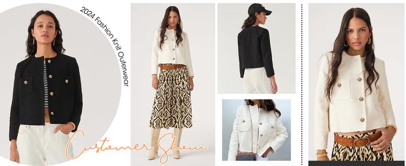 Women's Tweed Blazers Long Sleeve Business Button Down Casual Cropped Blazer Jackets with Pockets