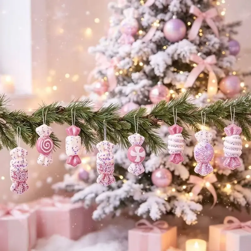 6 pink Christmas foam candy ornaments in a gentle fairy tale style, exquisitely crafted, easy to hang and store, versatile, suitable for home, bedroom, bay window, parties, weddings, and DIY Christmas tree decorations