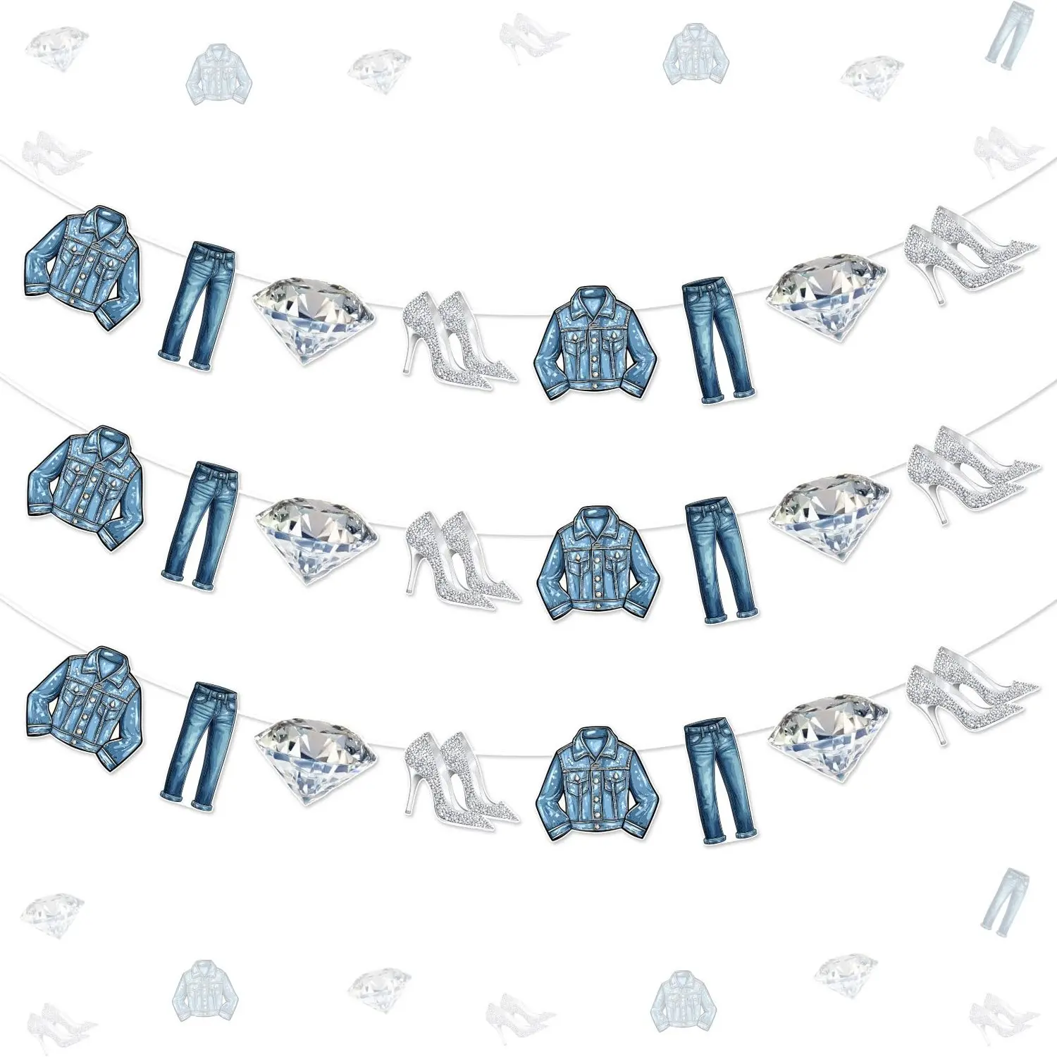 1Set Denim and Diamond Party Decoration 3pcs Denim and Diamond Garland Banner Jacket High Heel Shoes Jeans Garland for Denim and Diamond Birthday Bachelorette Bridal Shower Party Decoration